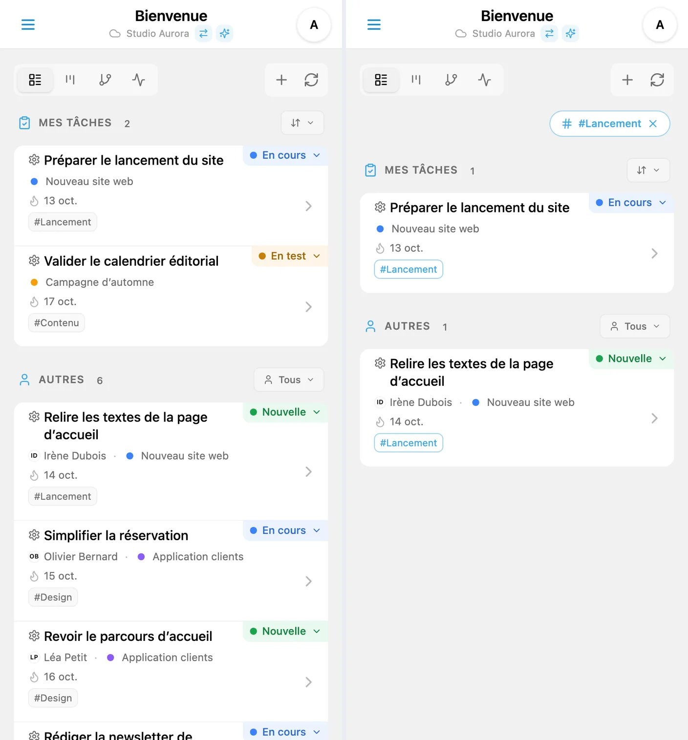 Cartes avec étiquettes et liste filtrée après sélection d’une étiquette