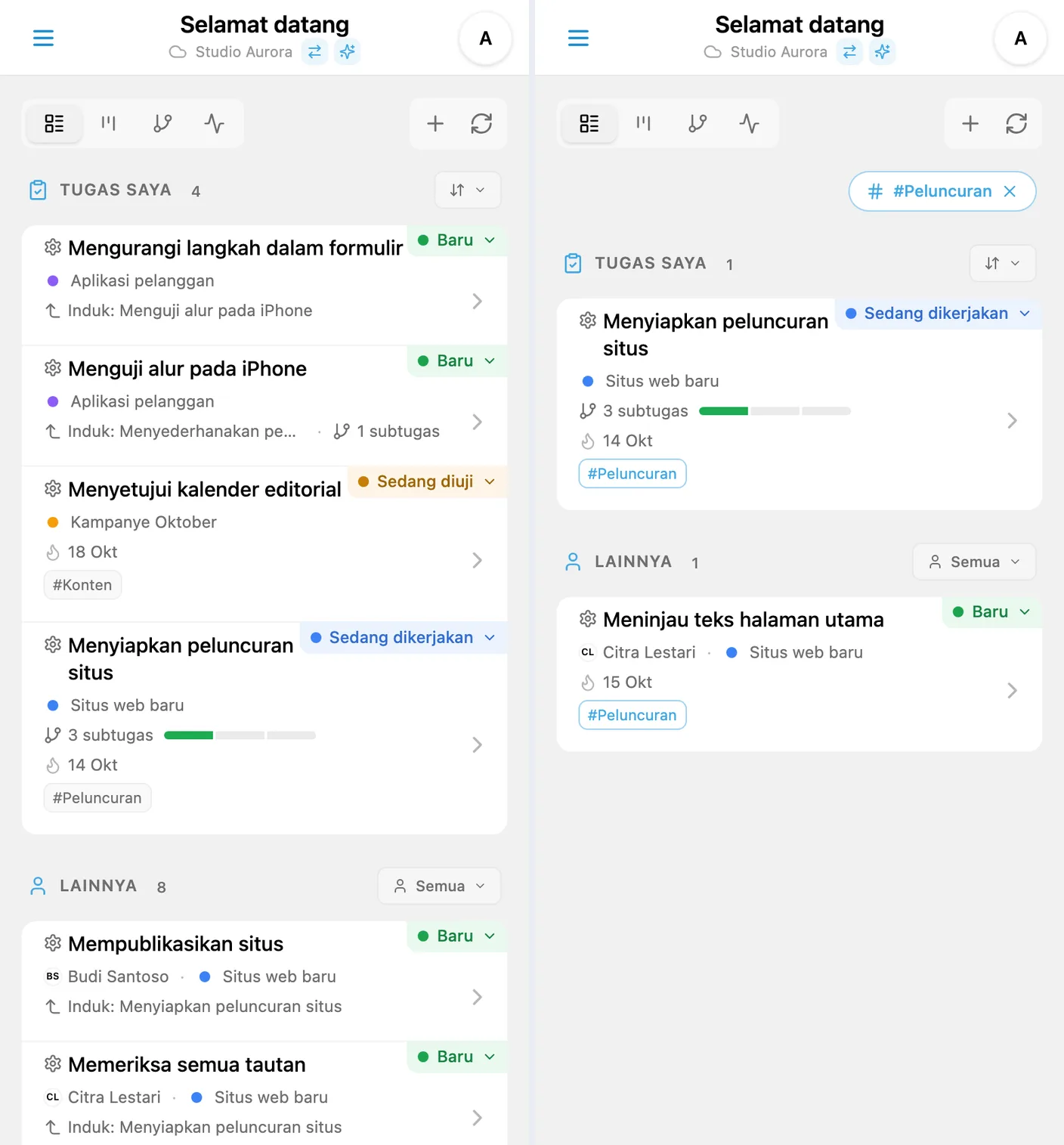 Kartu dengan tag dan daftar yang difilter setelah tag dipilih