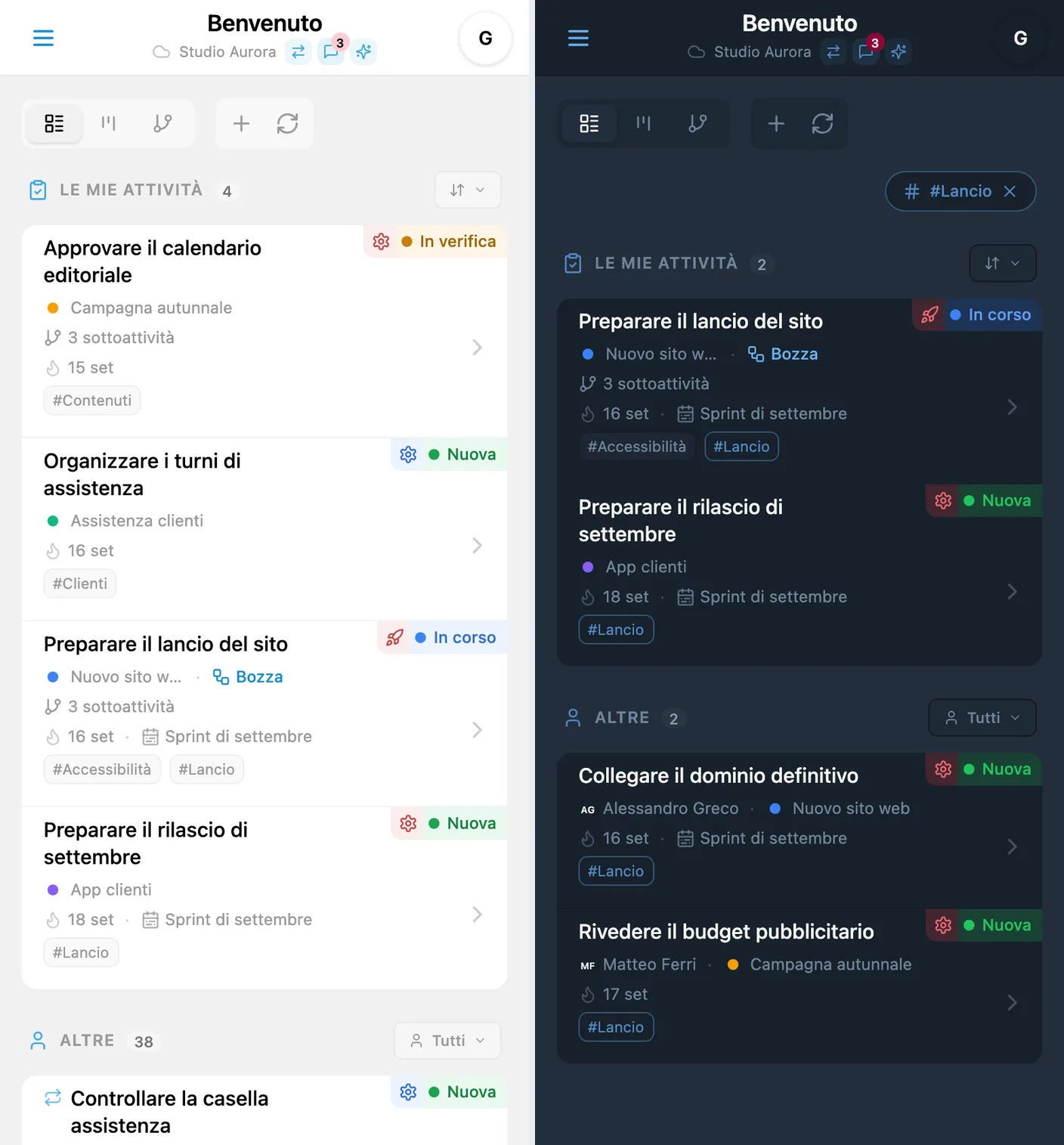 Filtro rapido per tag in iTasks: schede con tag ed elenco filtrato dopo la selezione