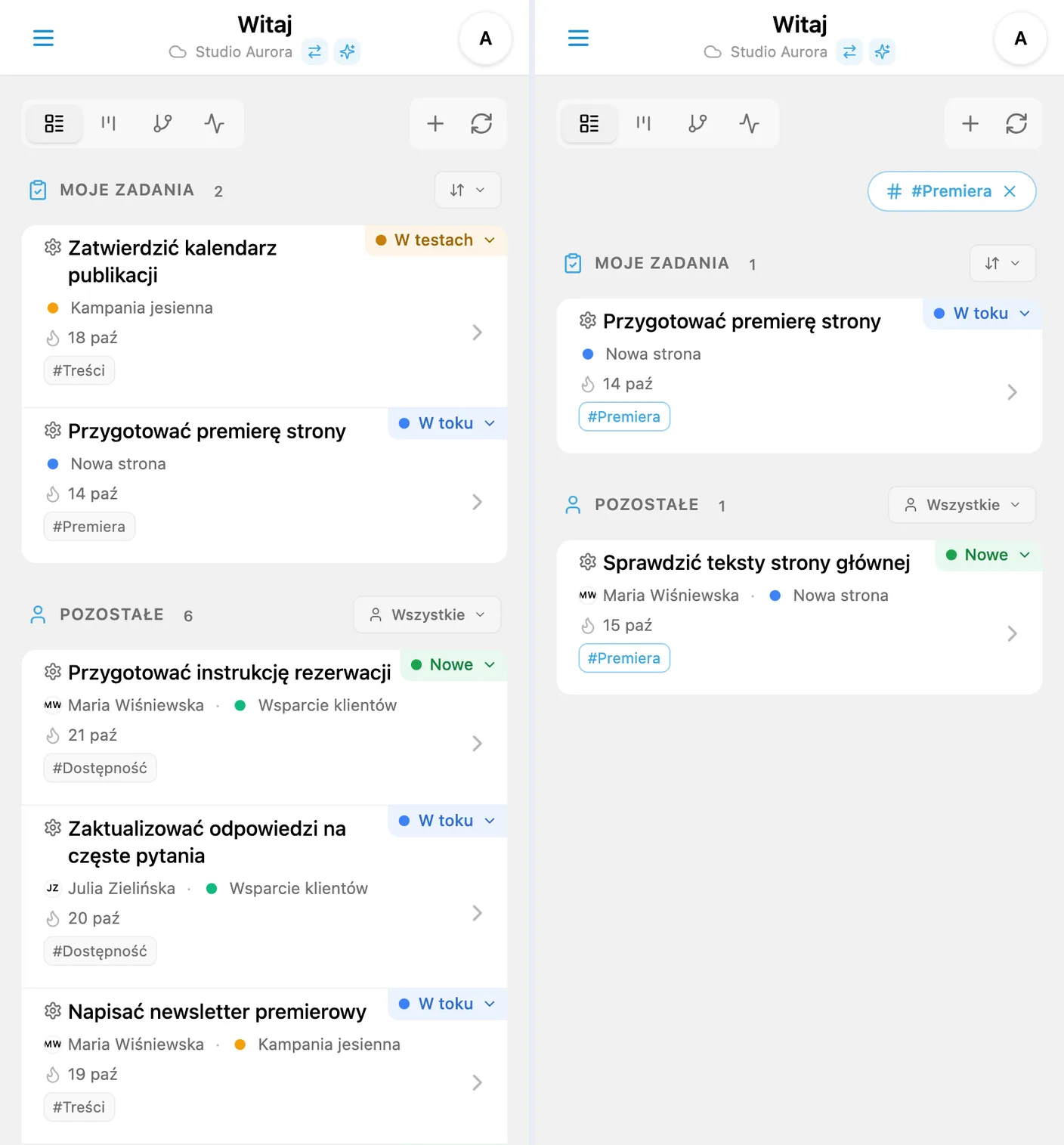 Karty z tagami i lista przefiltrowana po wybraniu tagu