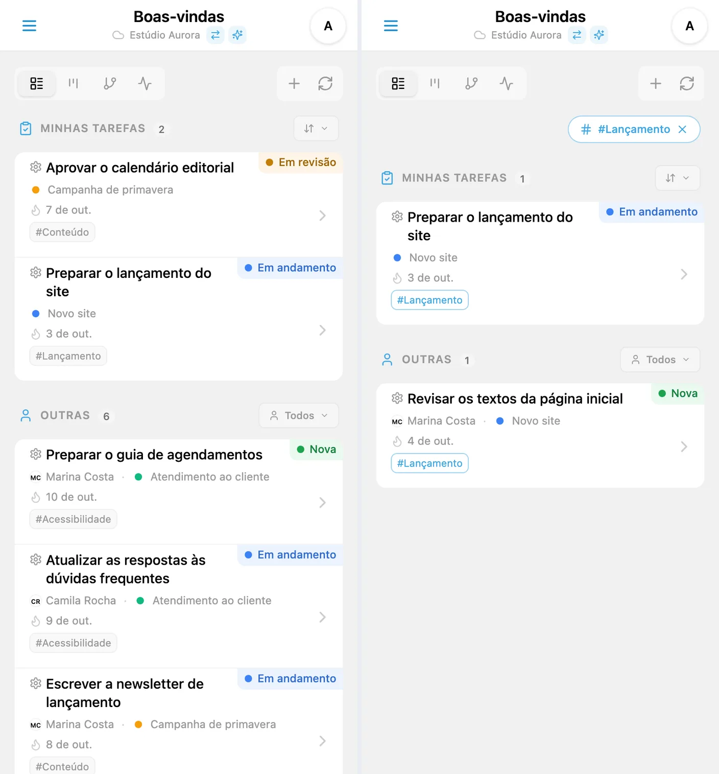Filtro rápido por etiqueta: cartões com etiquetas e lista filtrada após a seleção