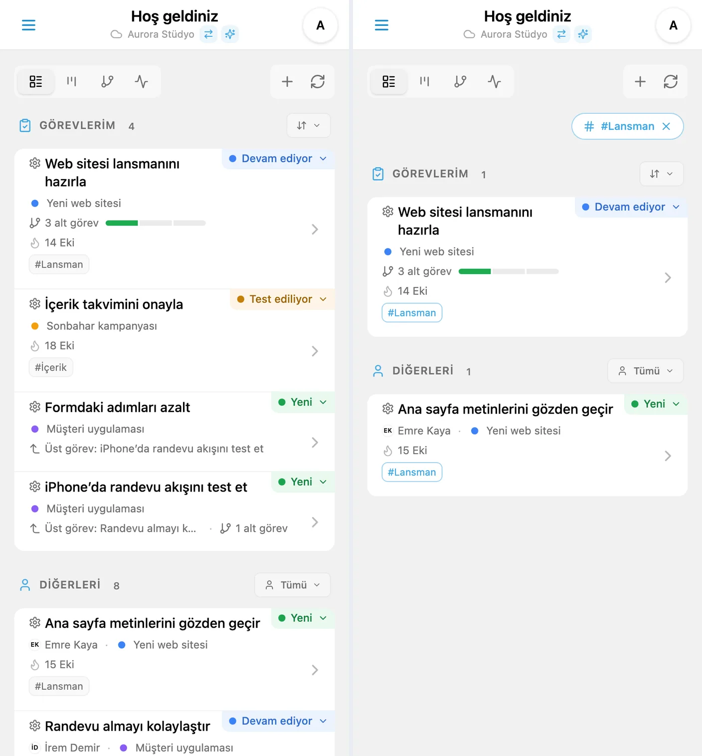 iTasks hızlı etiket filtresi: etiketli görev kartları ve etiket seçiminden sonra filtrelenmiş liste