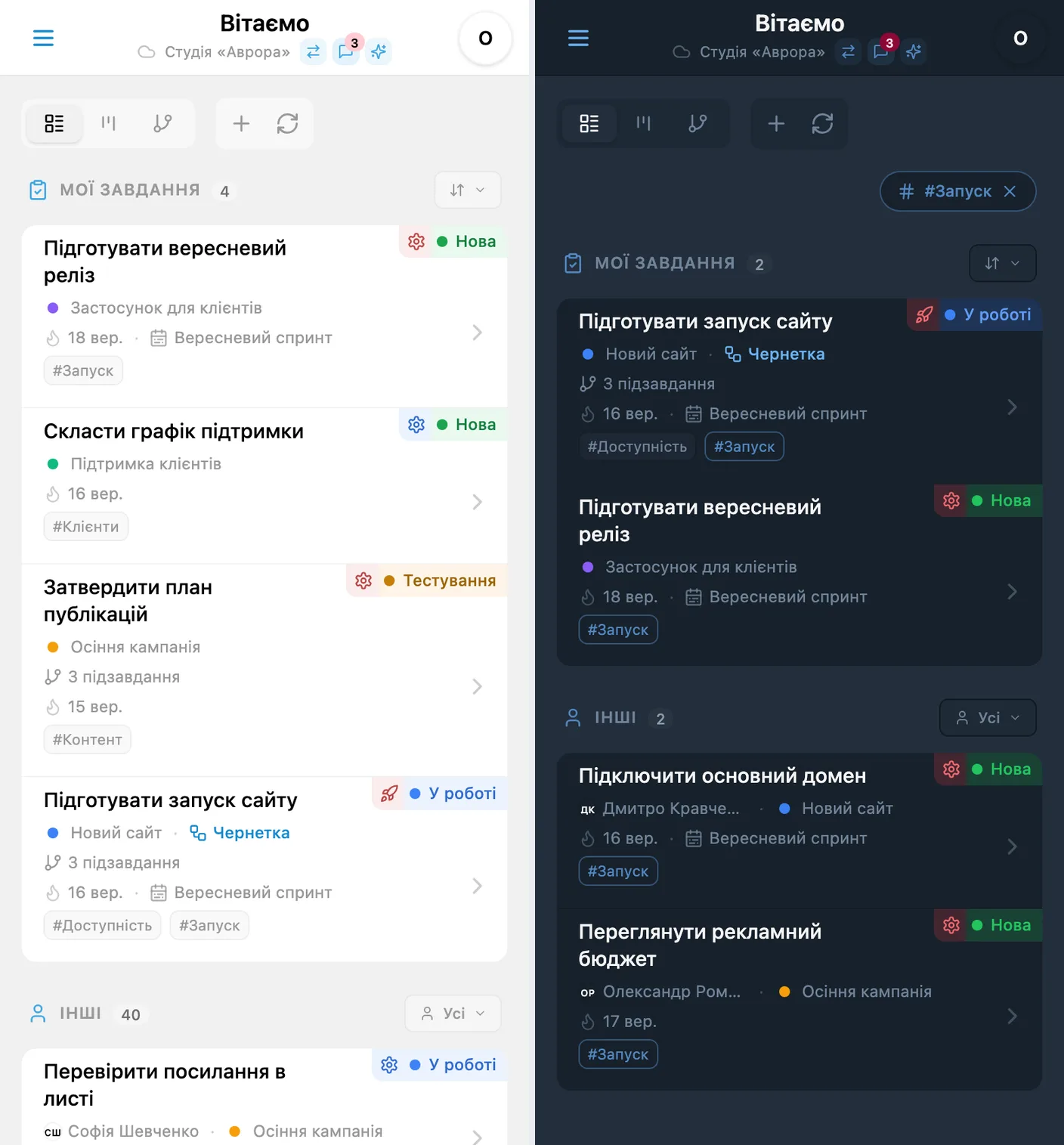 Швидкий фільтр за тегом в iTasks: картки з тегами та список завдань після вибору тегу
