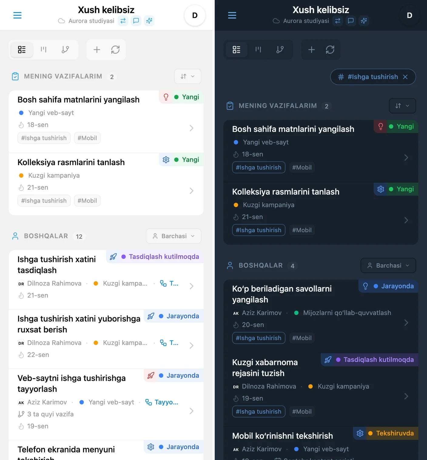 iTasks’da teg bo‘yicha tezkor filtrlash: tegli vazifa kartalari va teg tanlangandan keyingi filtrlangan ro‘yxat