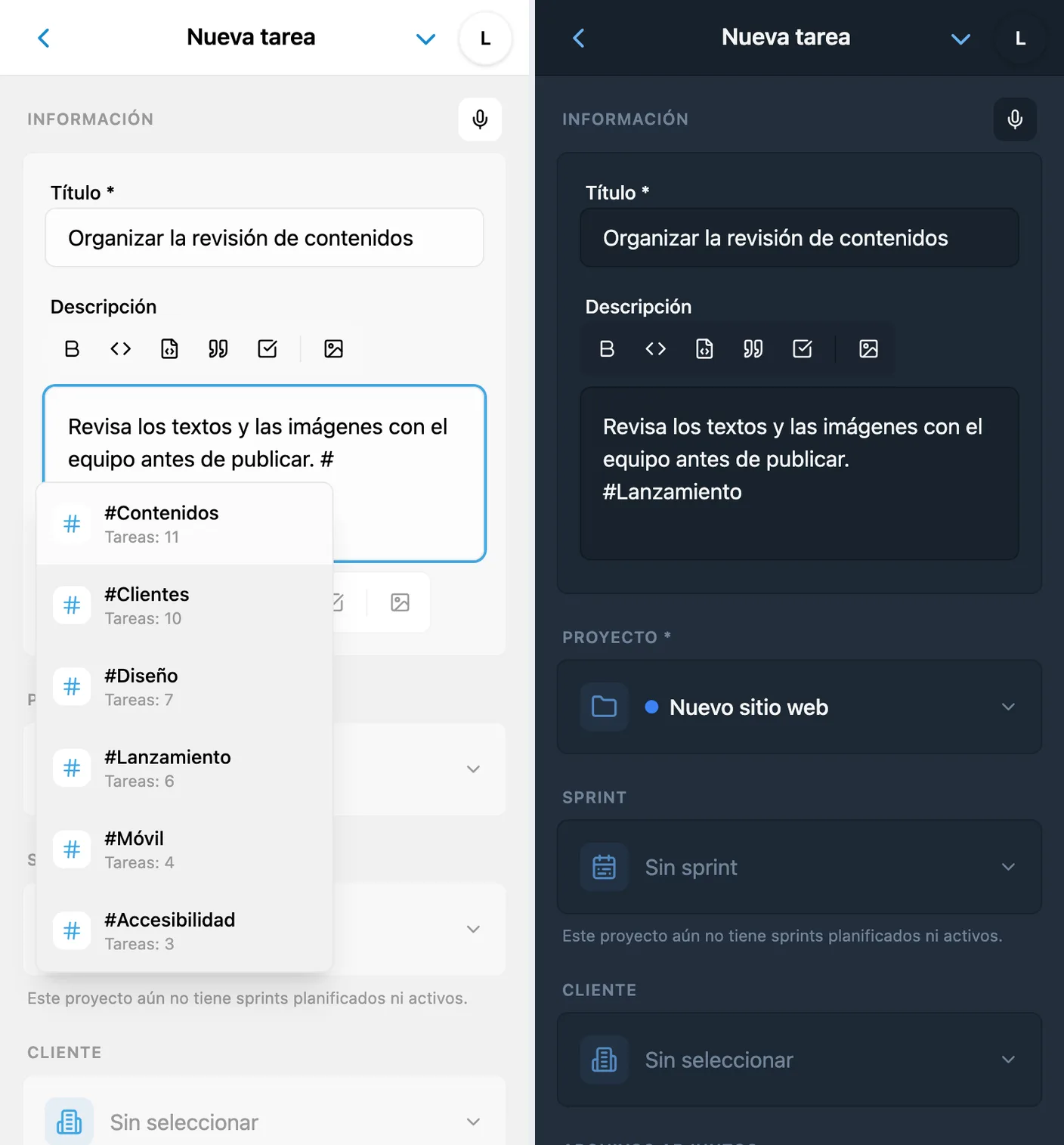 Sugerencias al escribir # y etiqueta seleccionada en la descripción de una nueva tarea