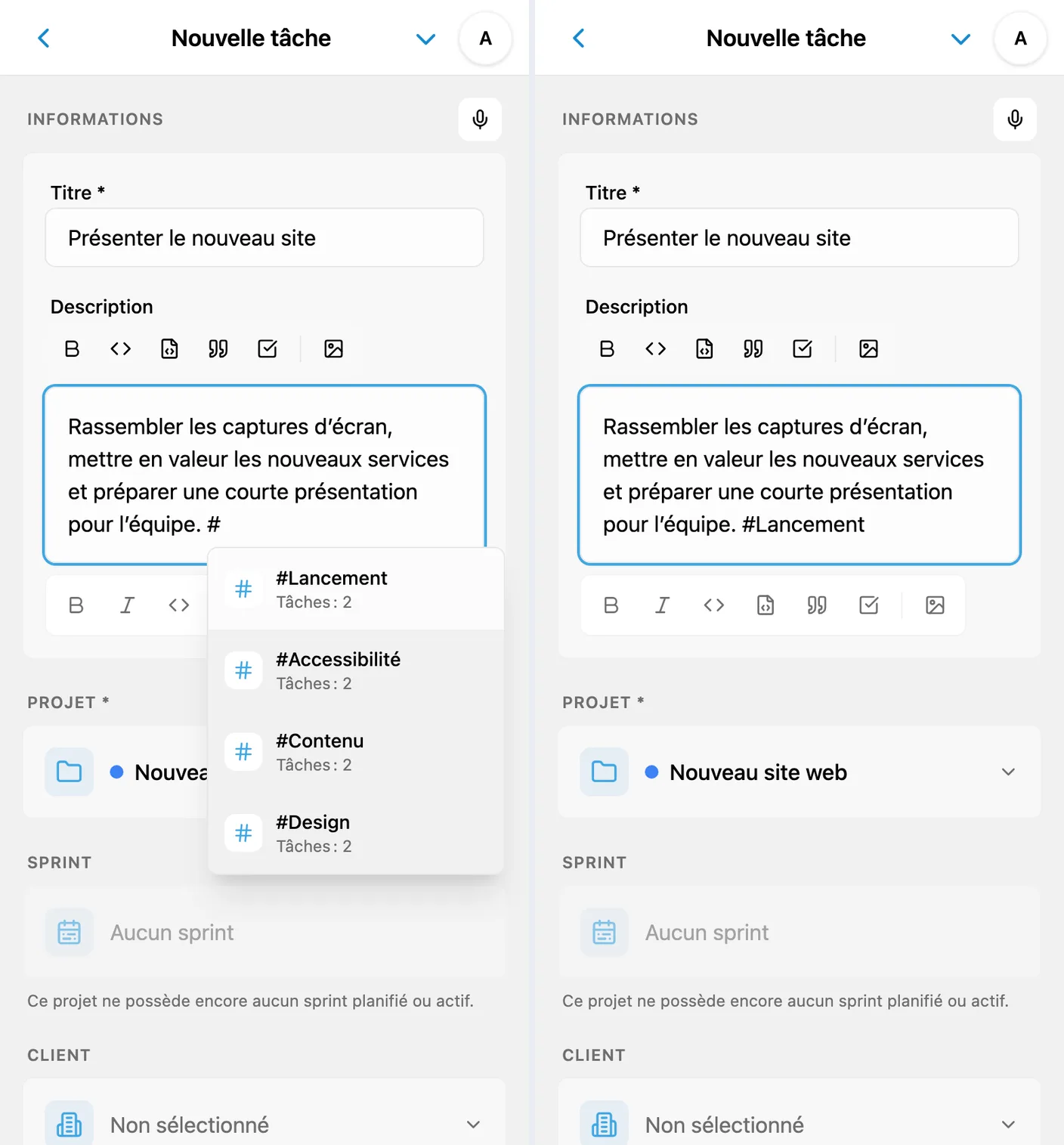 Suggestions d’étiquettes après le signe # et étiquette choisie dans la description