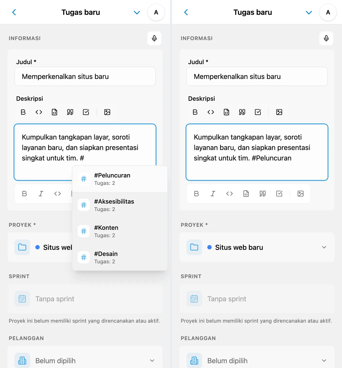 Saran tag setelah tanda # dan tag yang dipilih dalam deskripsi