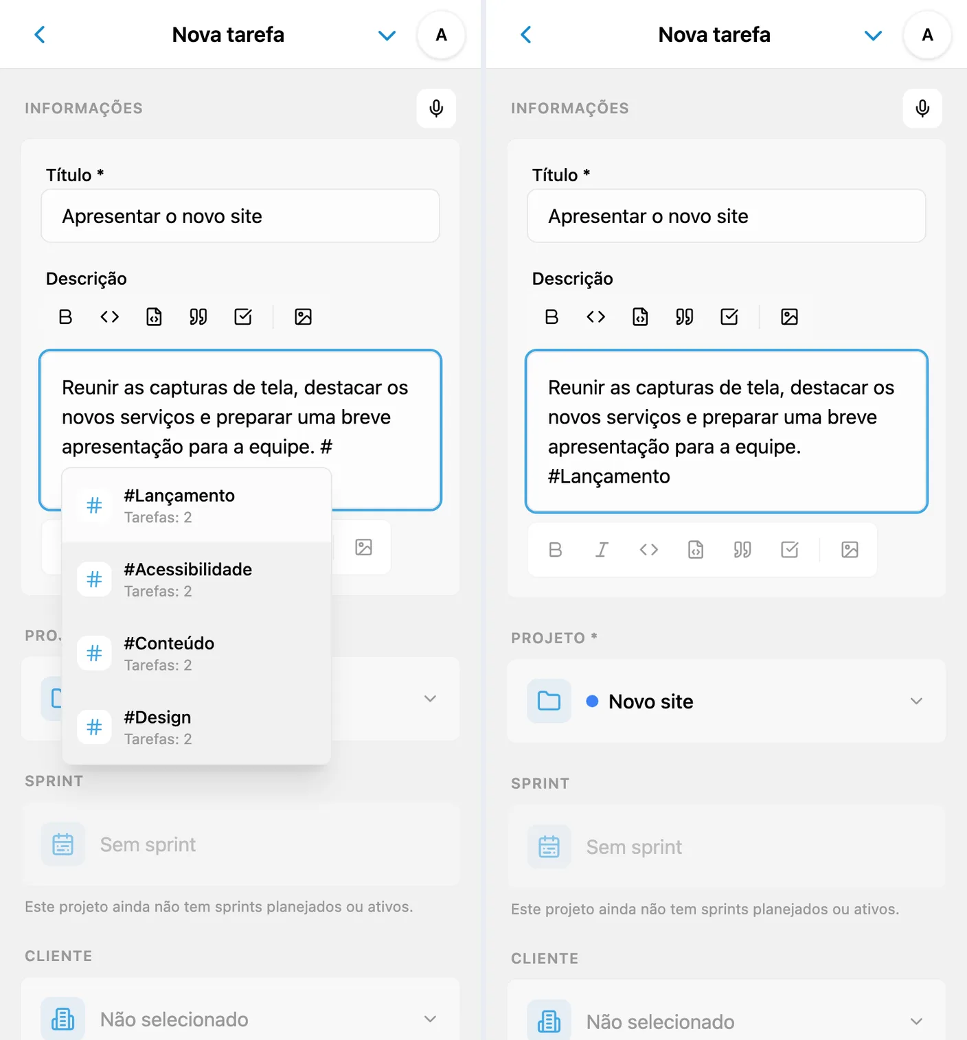 Sugestões após digitar # e etiqueta selecionada na descrição de uma nova tarefa