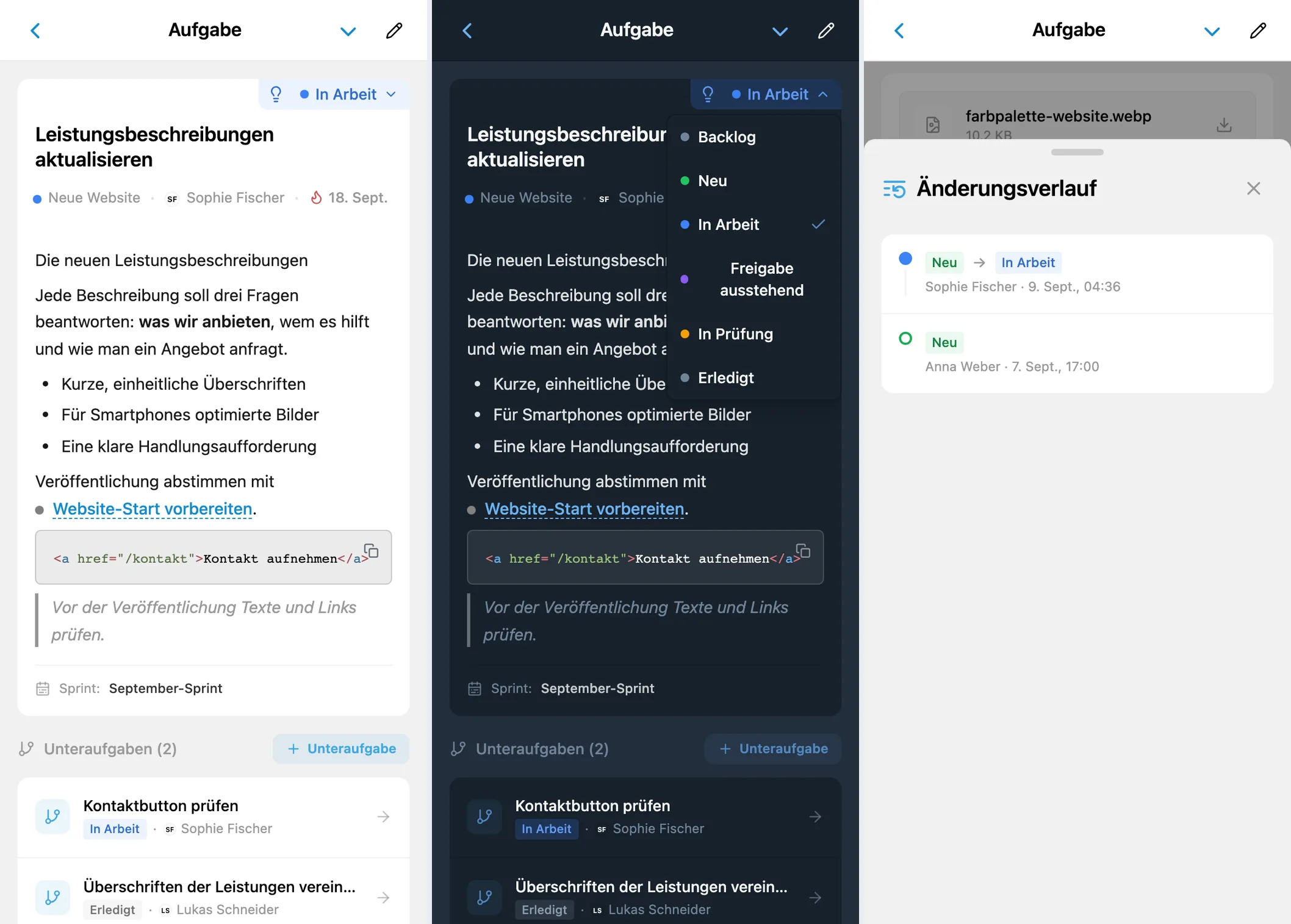 Aufgabendetails in iTasks, Statusauswahl und Änderungsverlauf