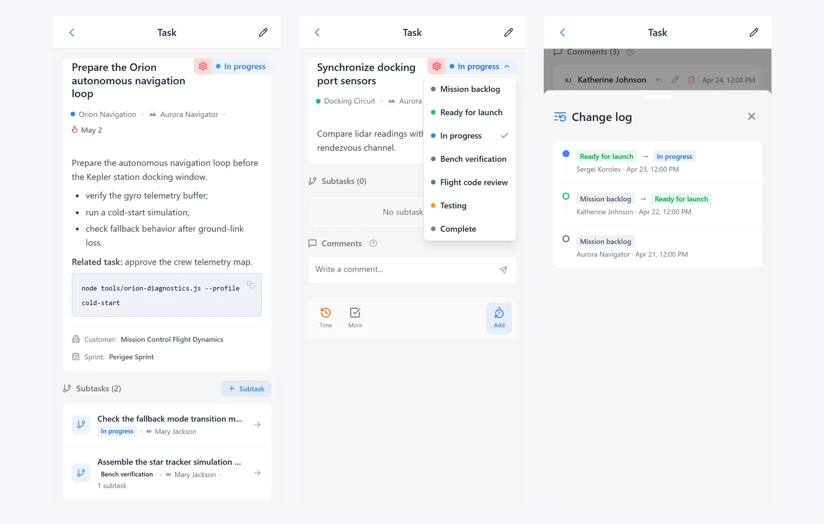 iTasks task details screen, status dropdown, and status change log