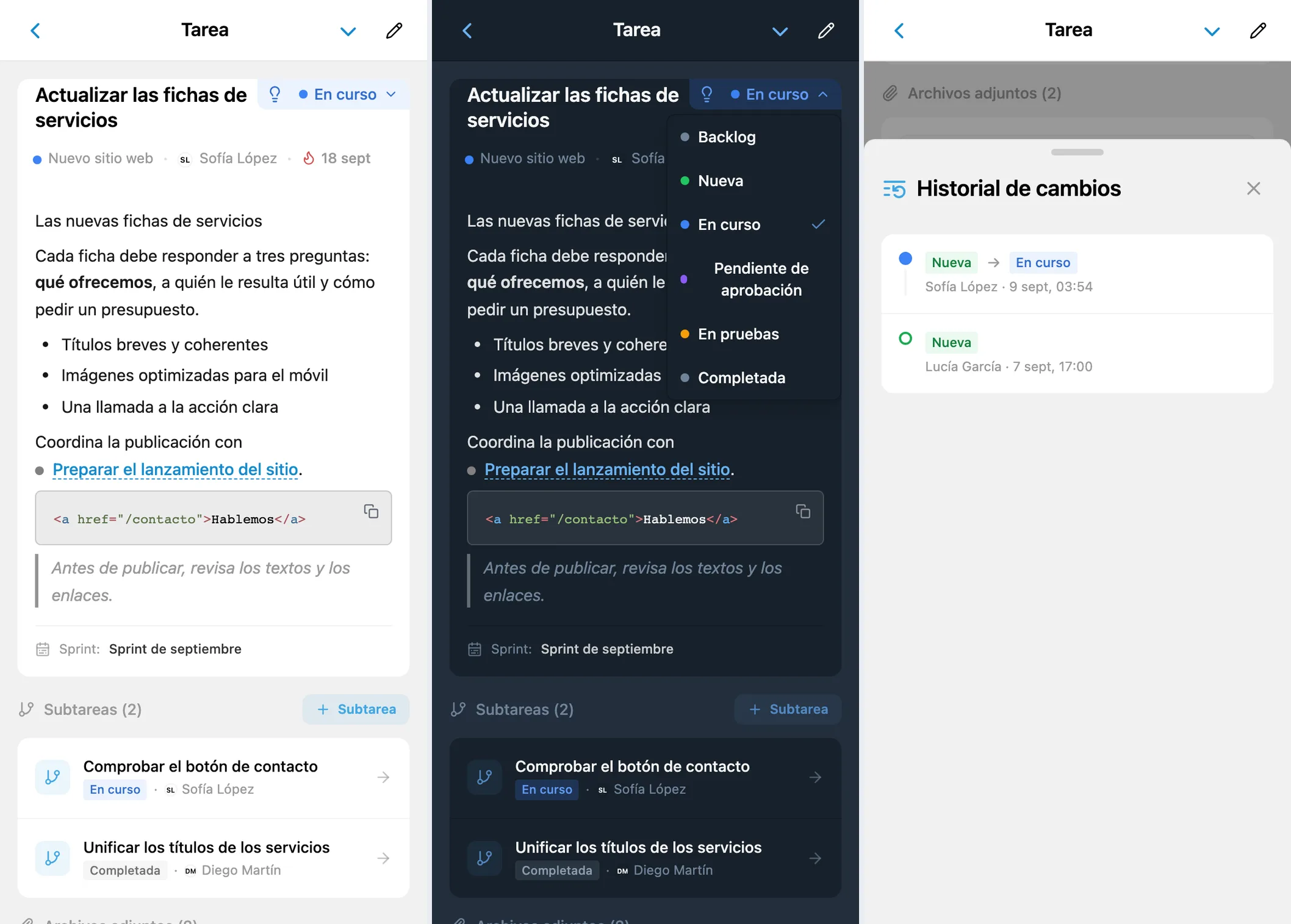 Ficha de tarea de iTasks, selector de estado e historial de cambios de estado