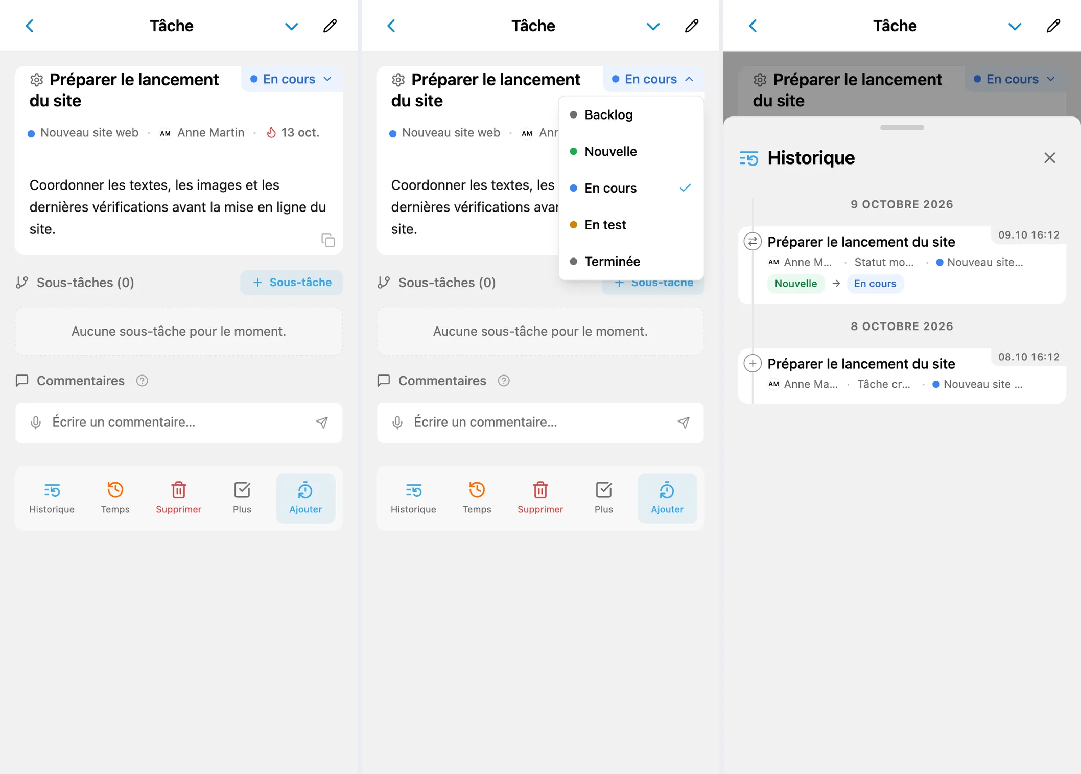 Fiche d’une tâche iTasks, menu des statuts et historique des changements