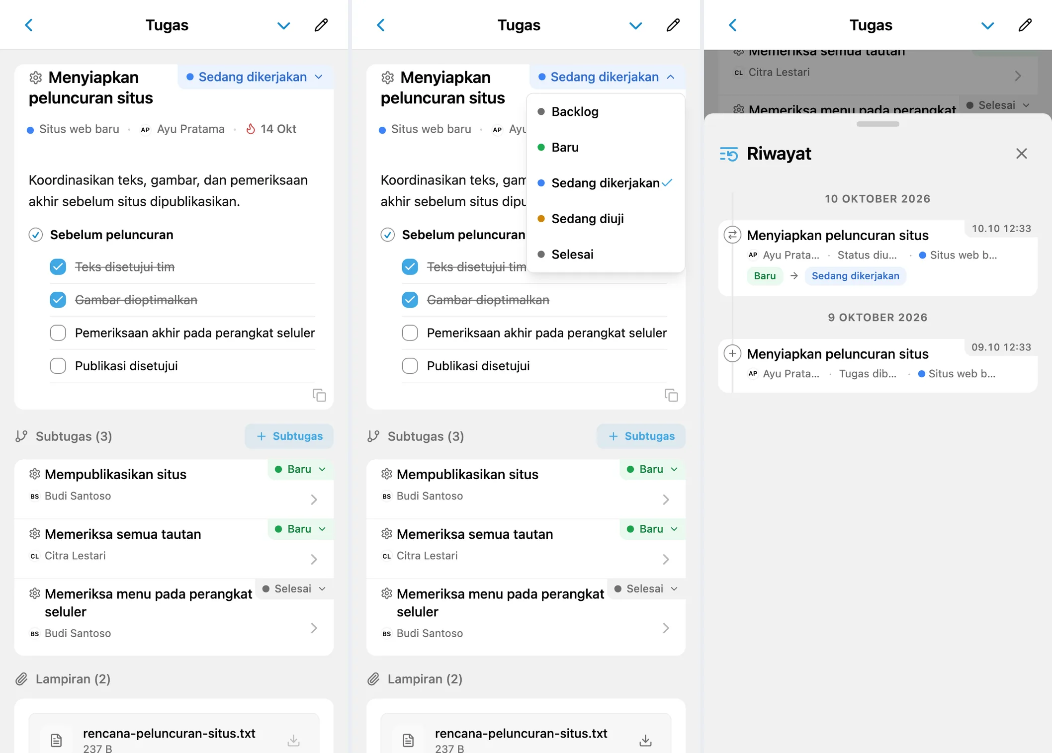 Kartu tugas iTasks, menu status, dan riwayat perubahan status