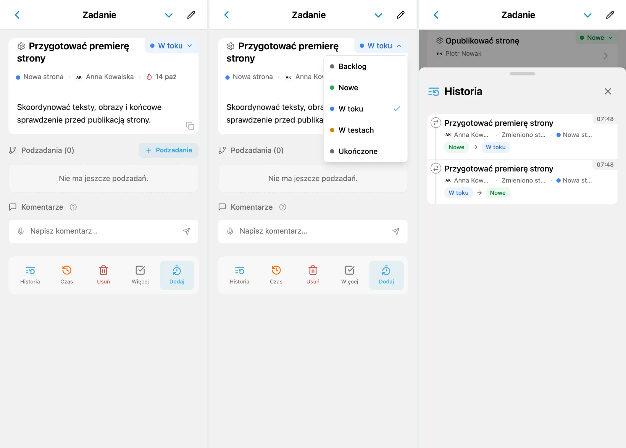 Karta zadania iTasks, menu statusów i historia zmian