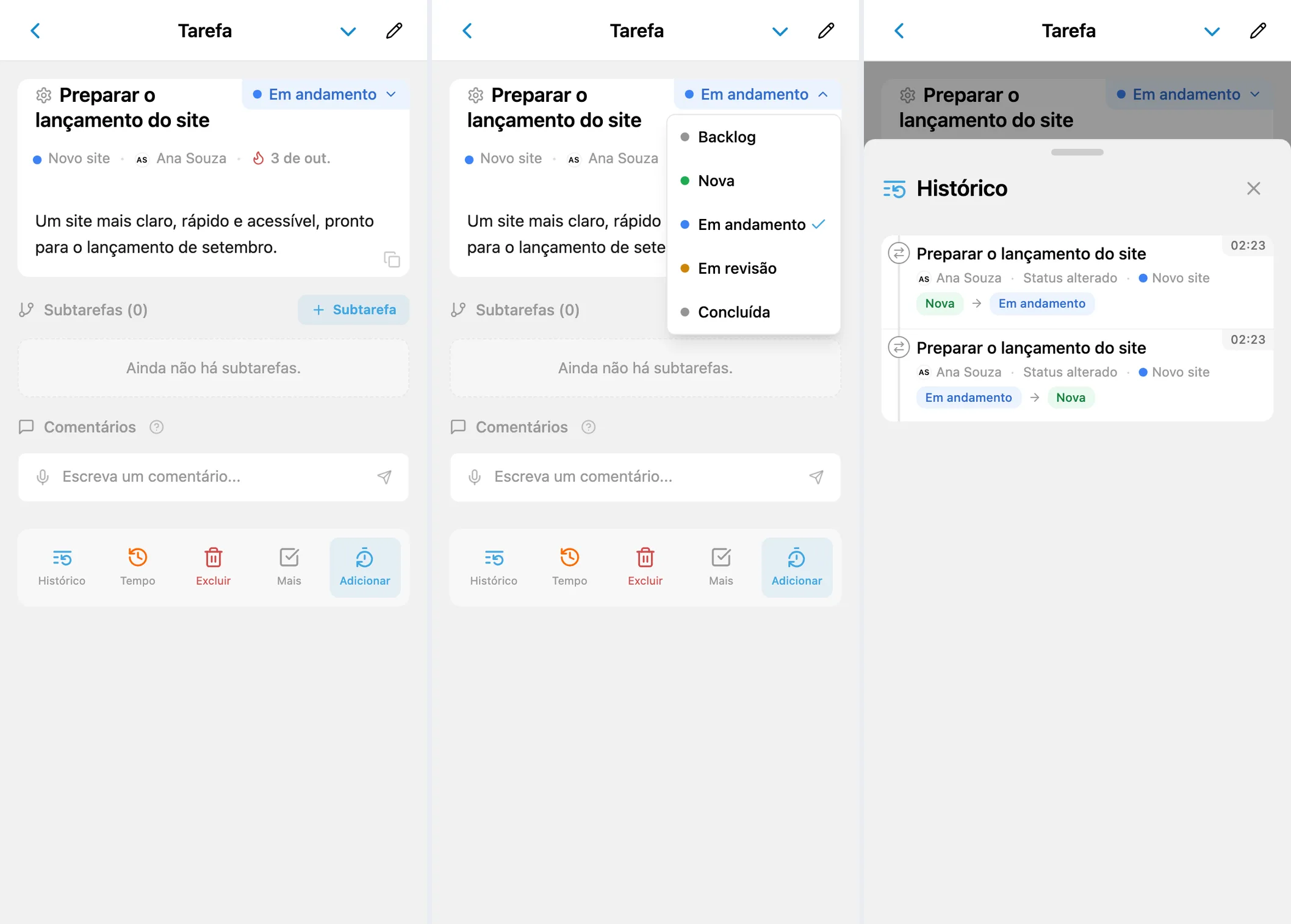 Detalhes de uma tarefa do iTasks, seletor de status e histórico de alterações