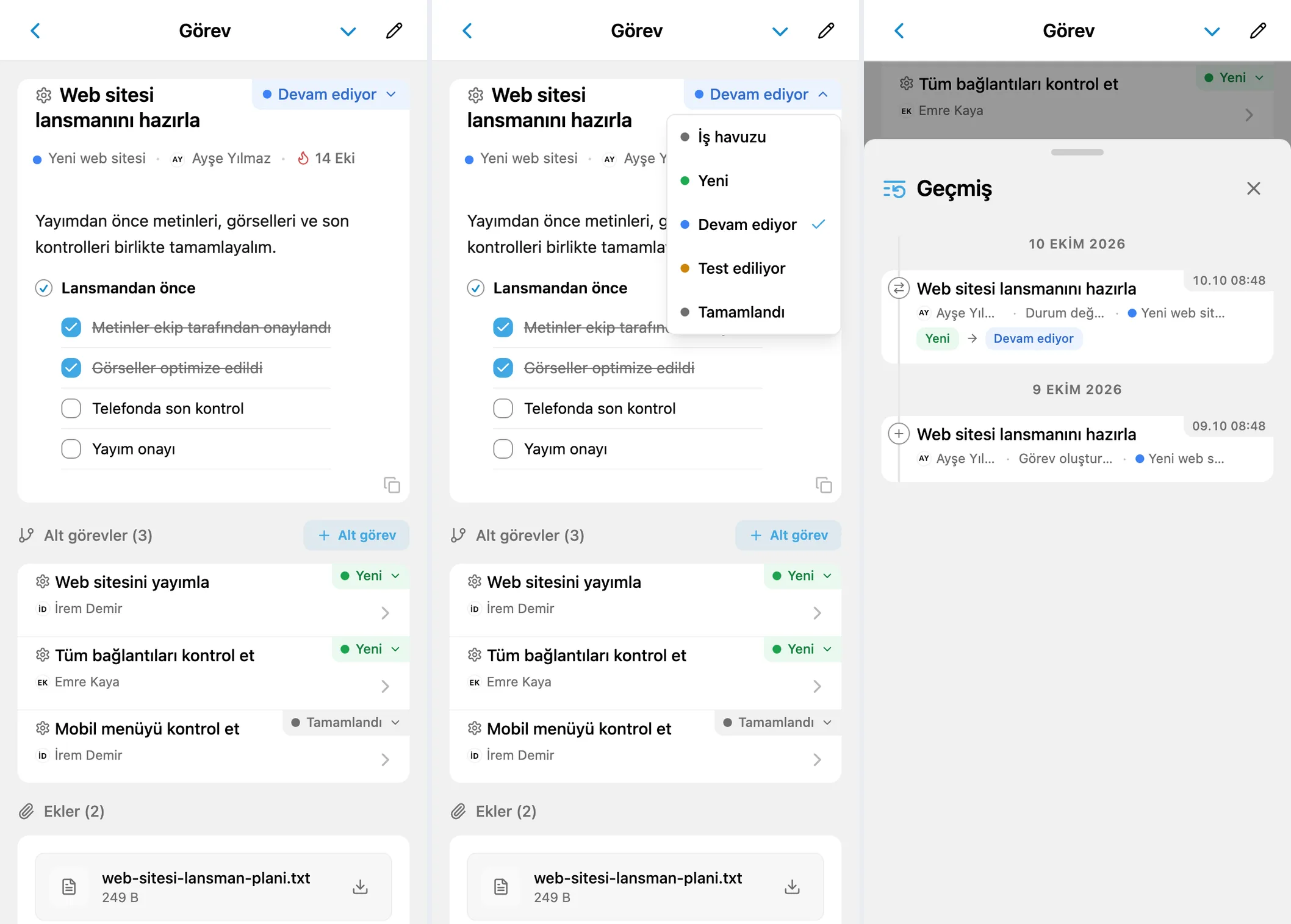 iTasks görev ayrıntıları ekranı, durum menüsü ve durum değişikliği geçmişi
