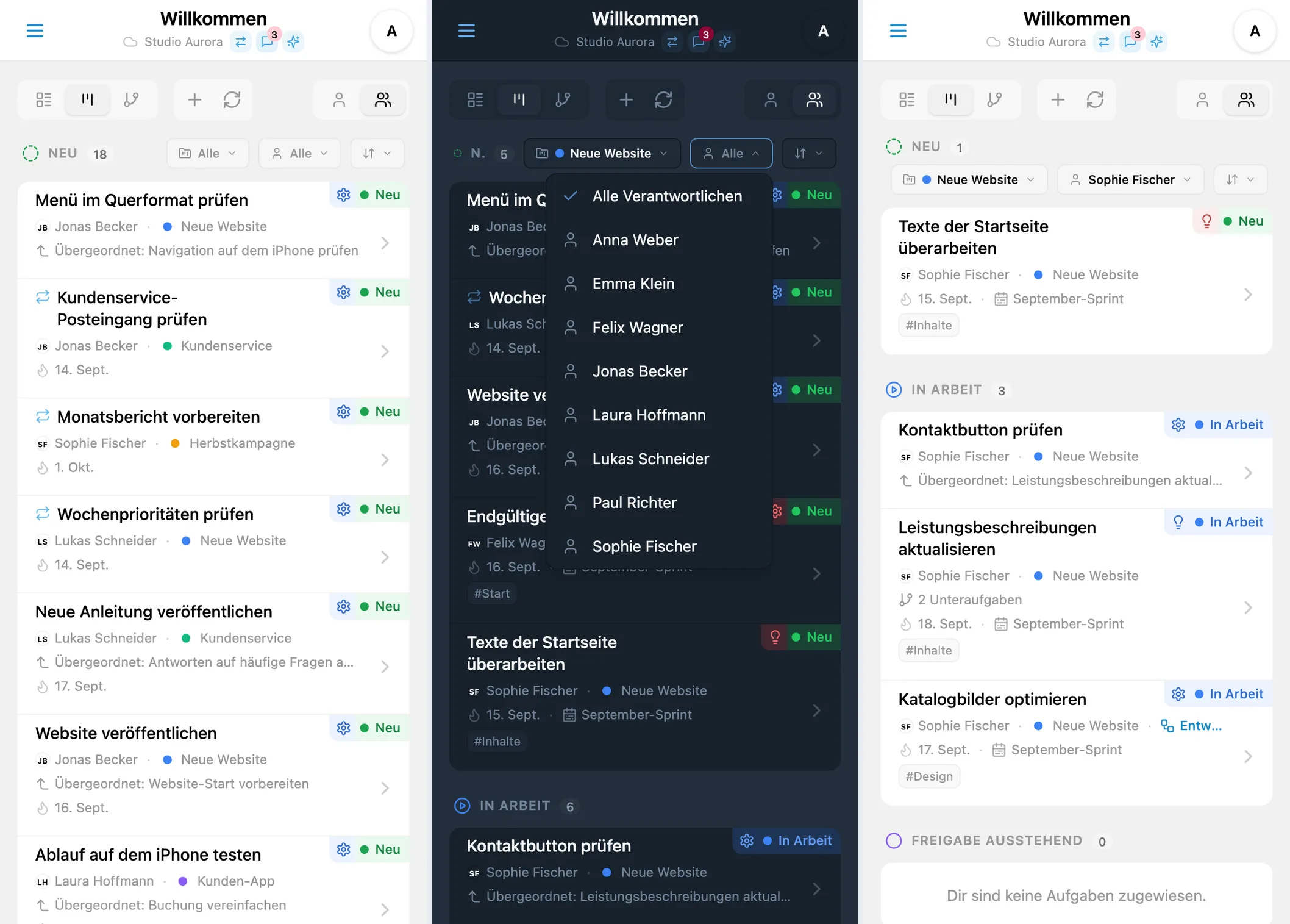 Aufgaben in iTasks-Kanban nach Verantwortlichen filtern: Teamliste und Aufgaben der ausgewählten Person