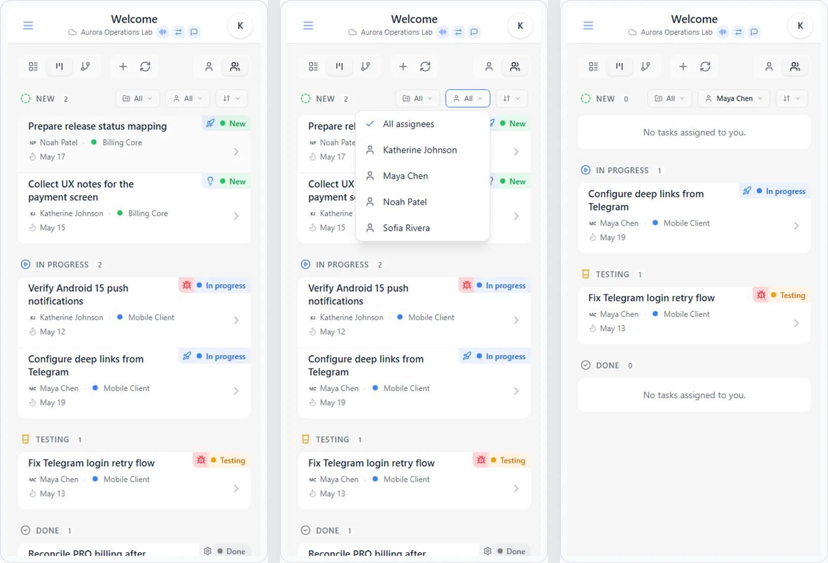 Filtering iTasks tasks by assignee in Kanban: teammate list and tasks for the selected assignee