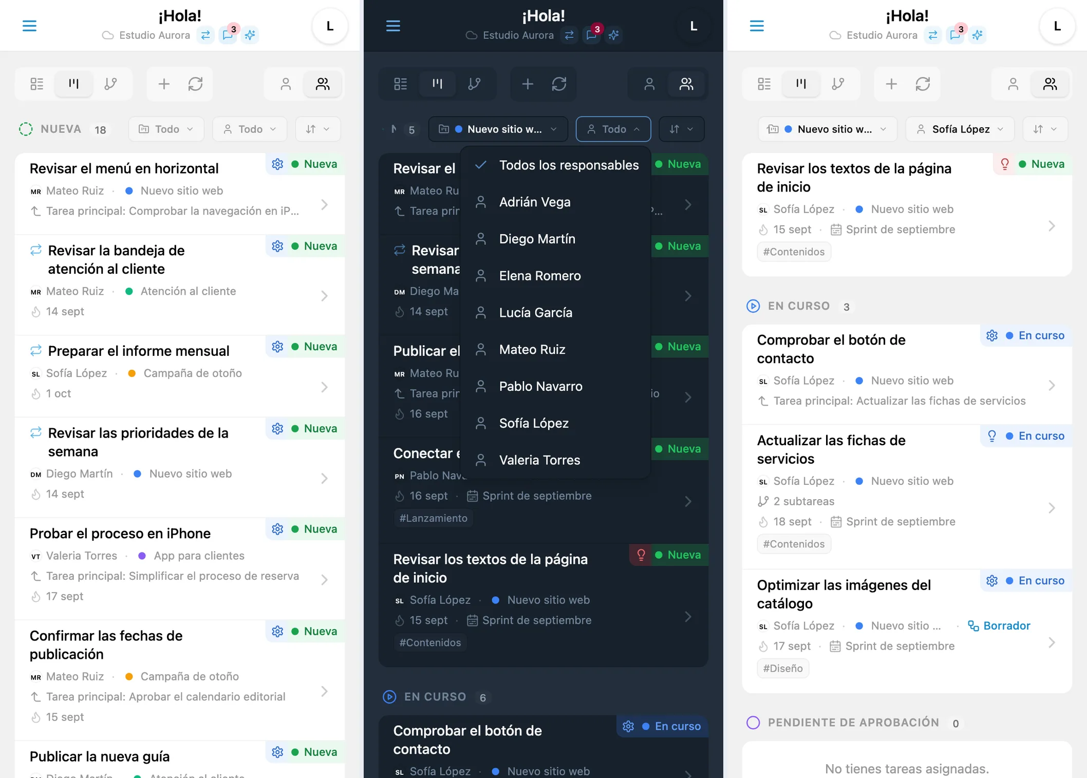 Filtro por responsable en Kanban de iTasks: lista del equipo y tareas de la persona seleccionada