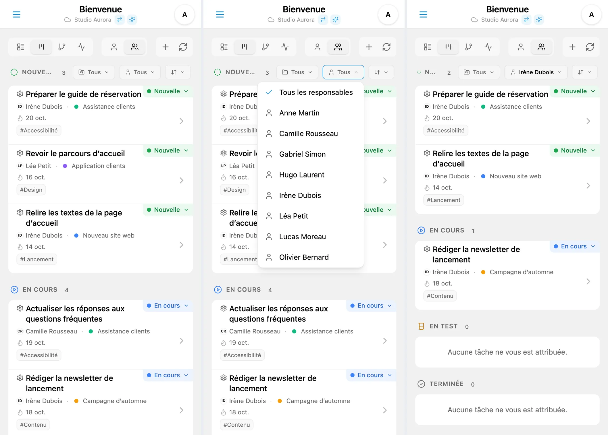 Filtre Kanban par responsable : liste de l’équipe et tâches sélectionnées