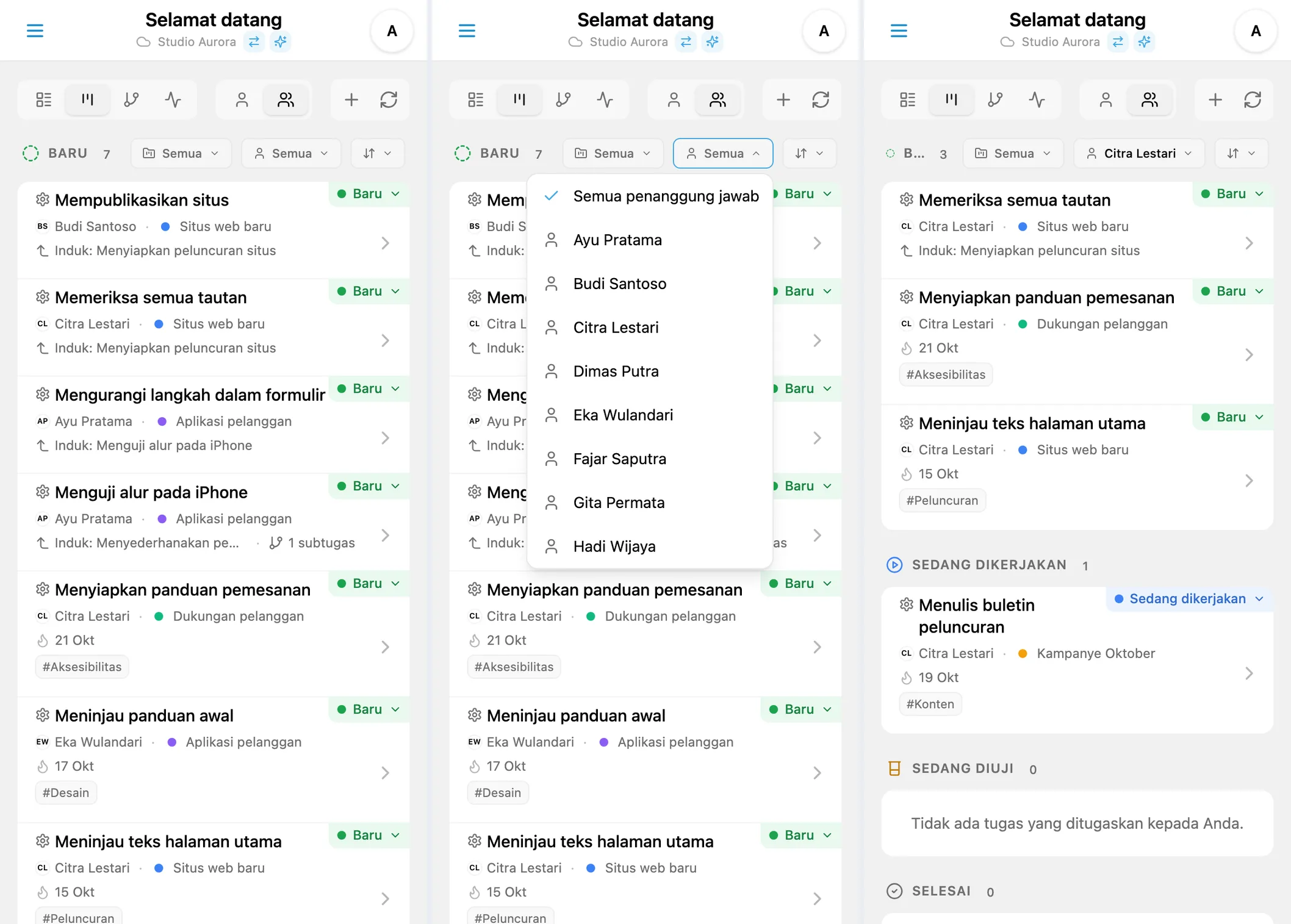 Filter penanggung jawab Kanban: daftar tim dan tugas yang dipilih
