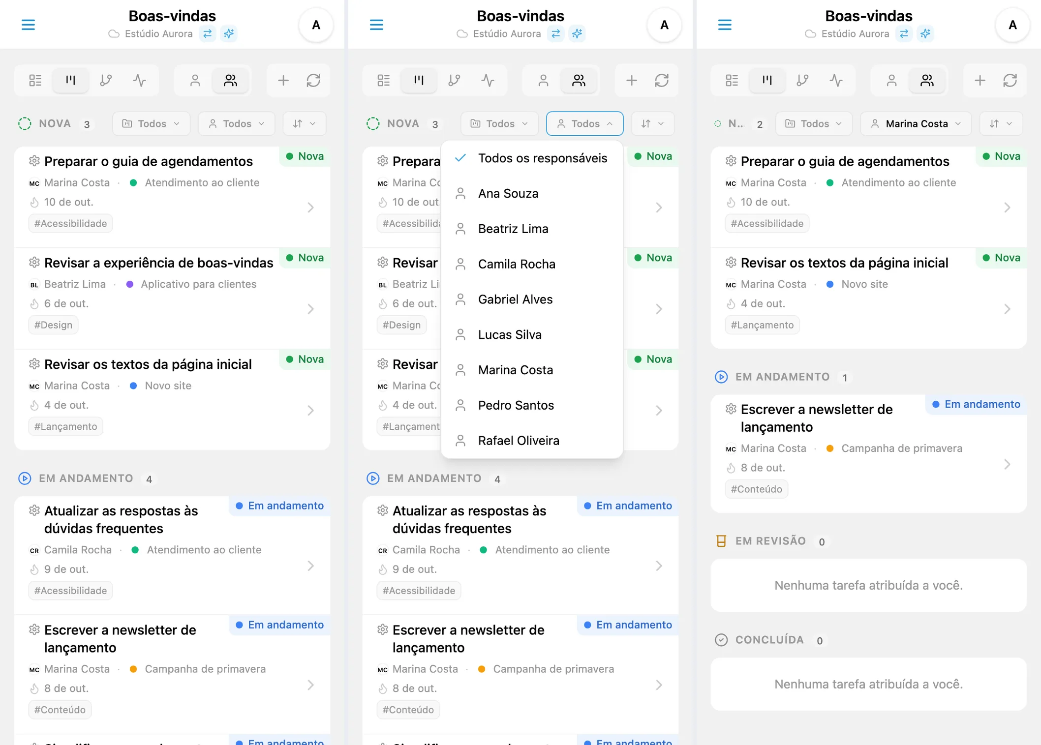 Filtro de responsável no Kanban: lista de membros e tarefas da pessoa selecionada