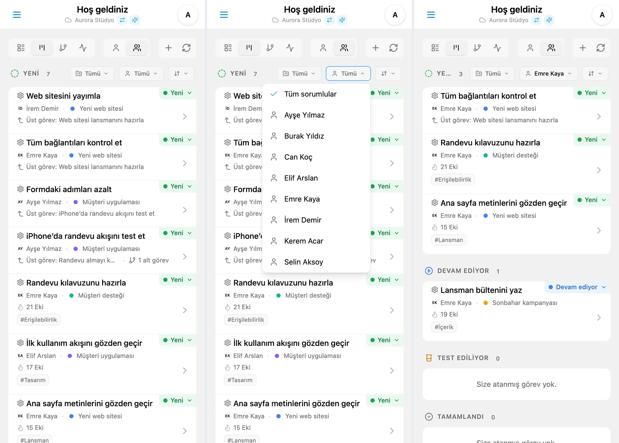iTasks Kanban’da sorumluya göre filtreleme: ekip üyesi listesi ve seçili kişinin görevleri