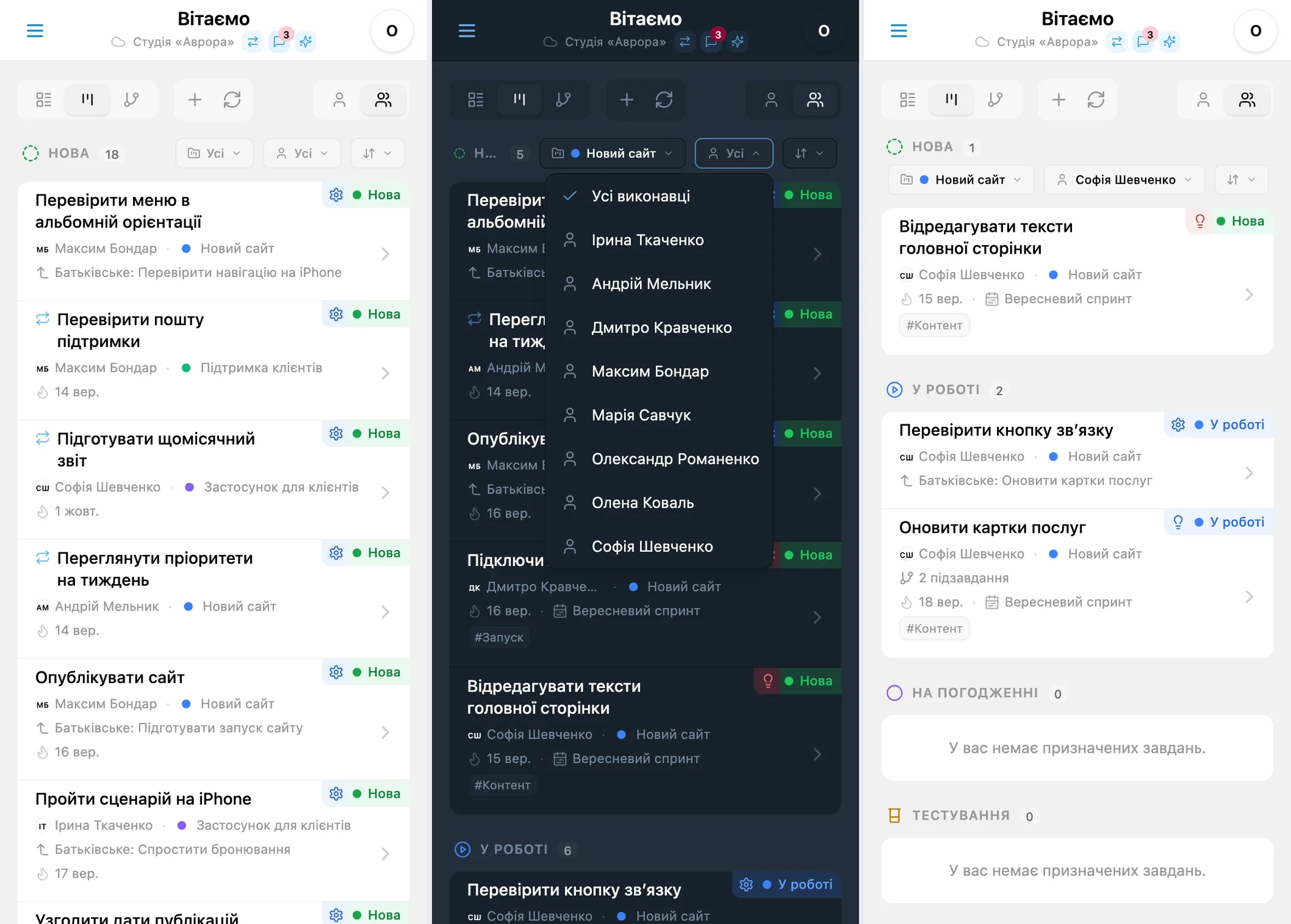 Фільтрування завдань iTasks за відповідальним у канбані: список учасників і завдання обраного виконавця