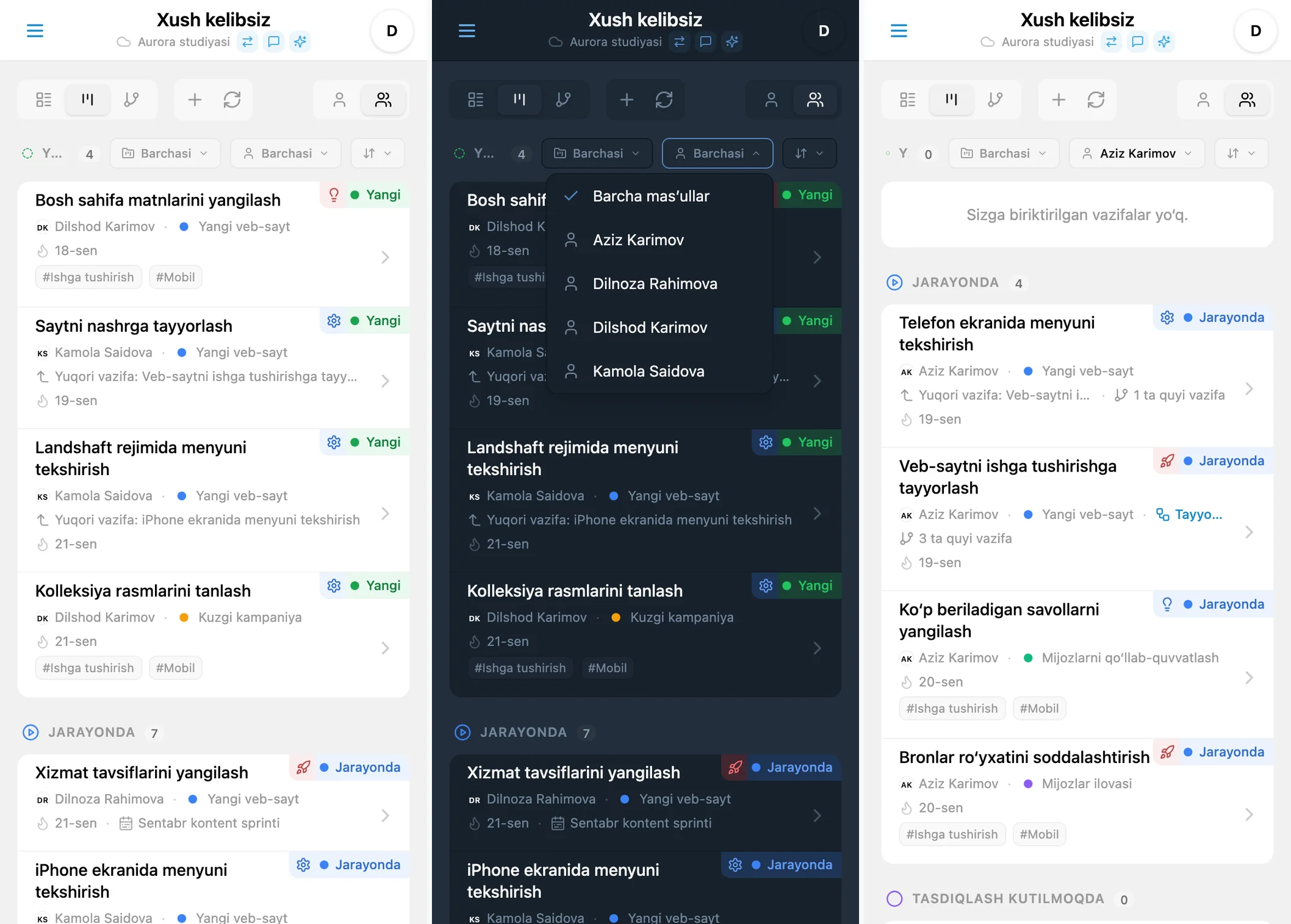iTasks vazifalarini Kanban’da mas’ul bo‘yicha filtrlash: jamoadoshlar ro‘yxati va tanlangan mas’ul vazifalari