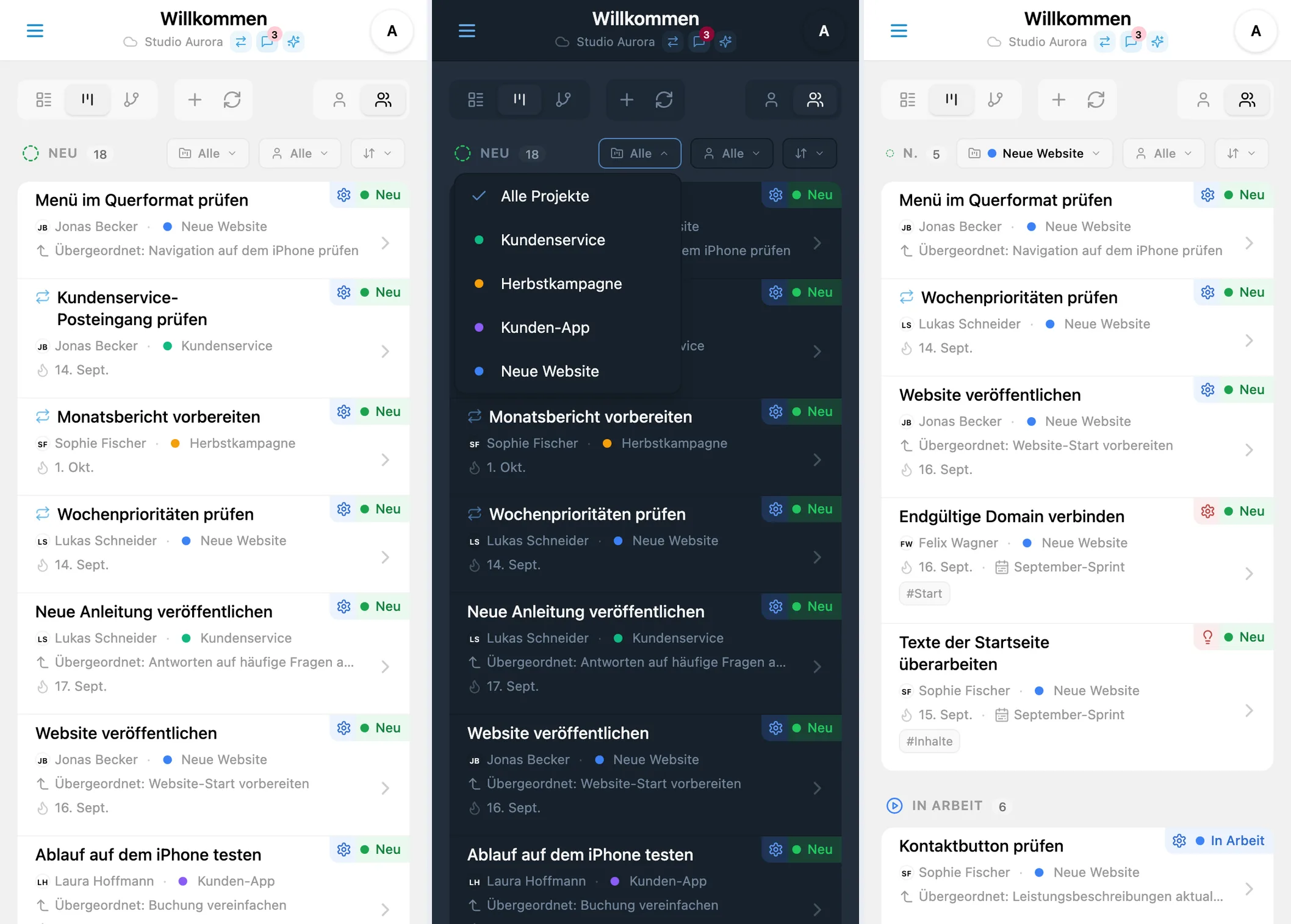 Aufgaben in iTasks-Kanban nach Projekt filtern: alle Aufgaben, Projektauswahl und gefiltertes Ergebnis