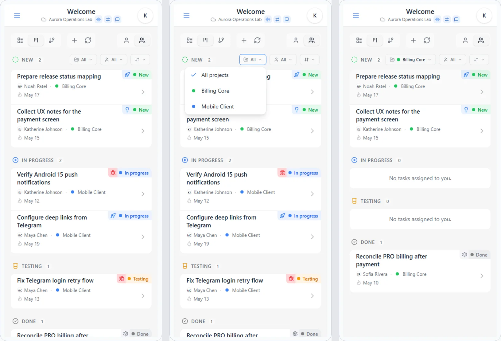 Filtering iTasks tasks by project in Kanban: all tasks, project selection, and the filtered result