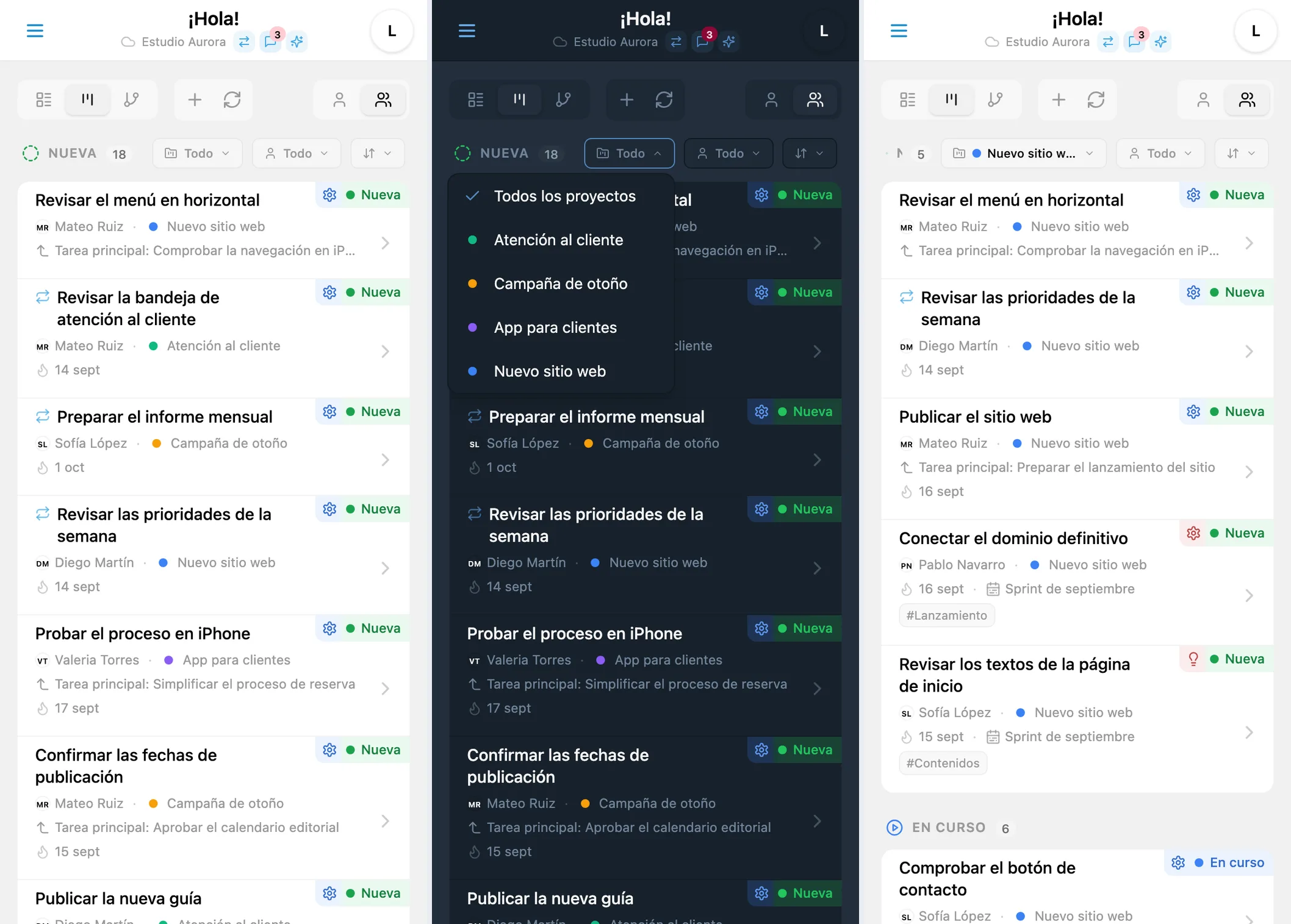 Filtro por proyecto en Kanban de iTasks: todas las tareas, selección del proyecto y resultado filtrado