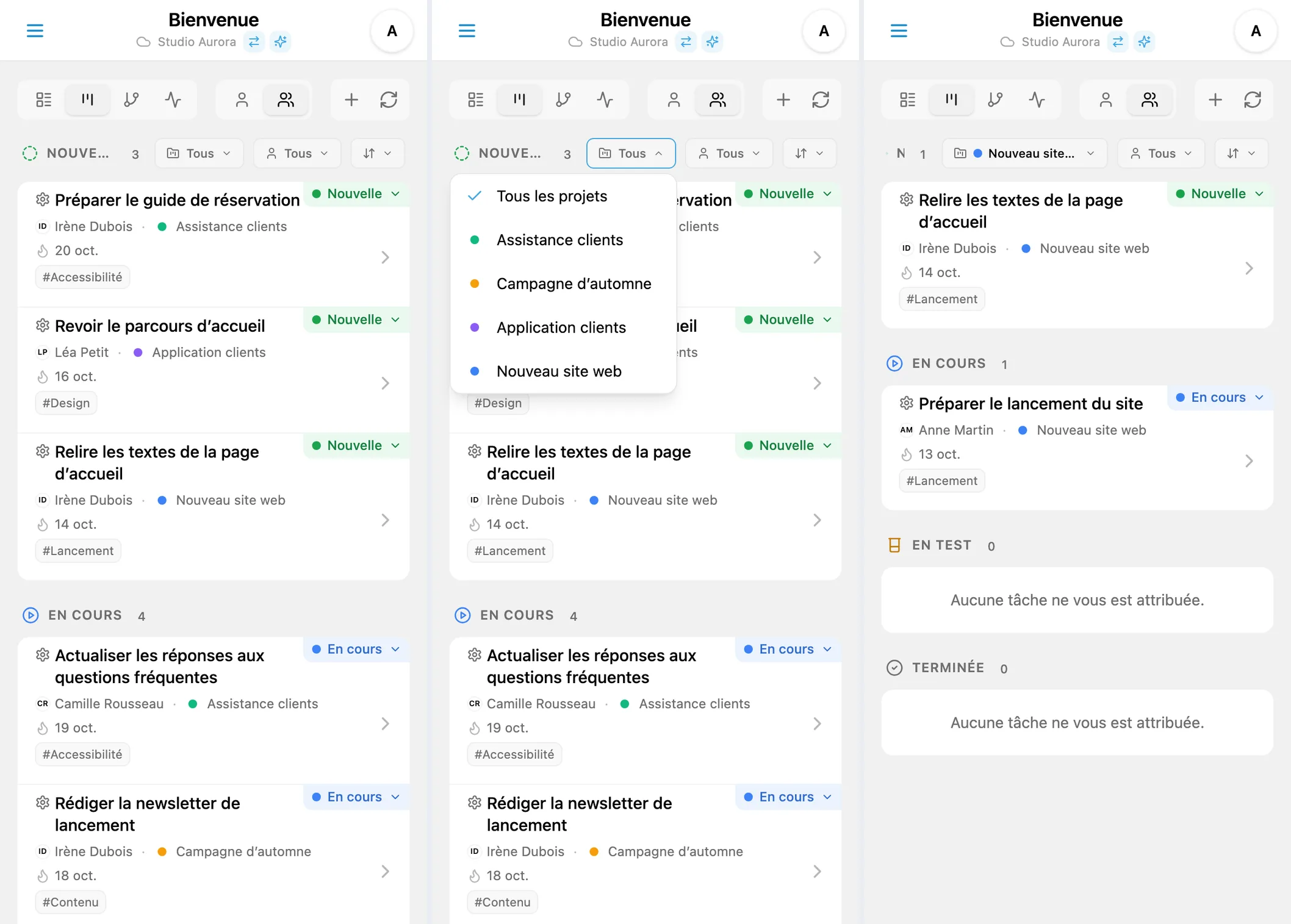 Filtre Kanban par projet : toutes les tâches, choix du projet et résultat