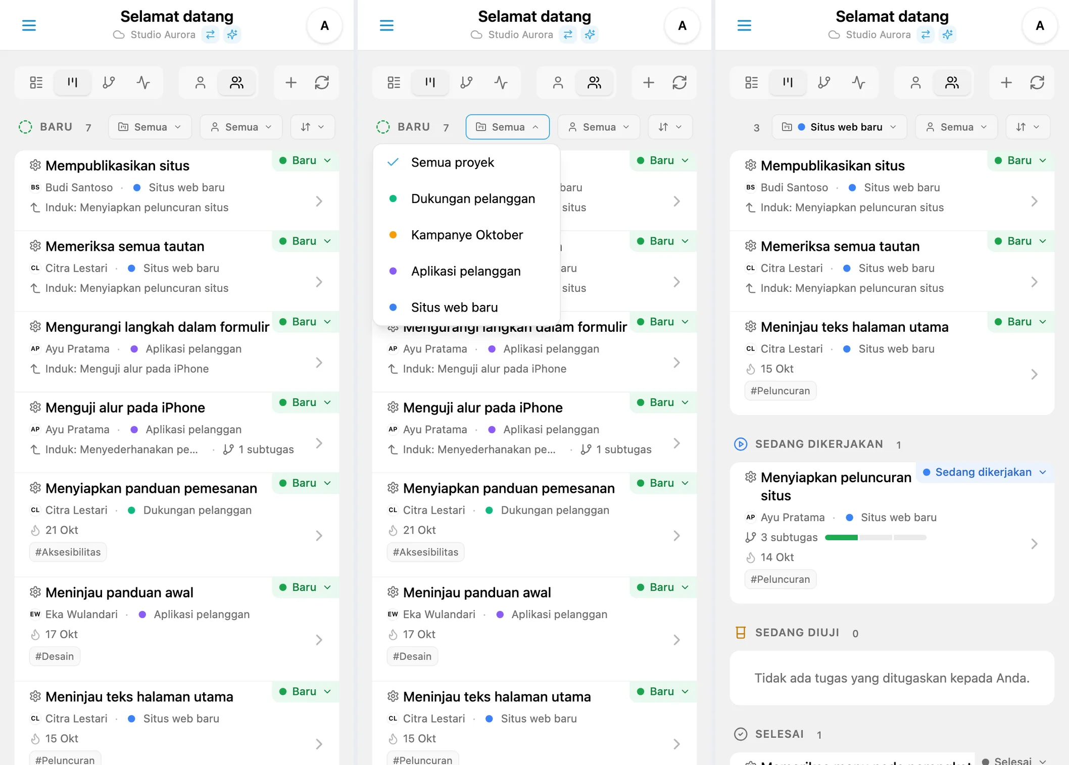 Filter proyek Kanban: semua tugas, pilihan proyek, dan hasil
