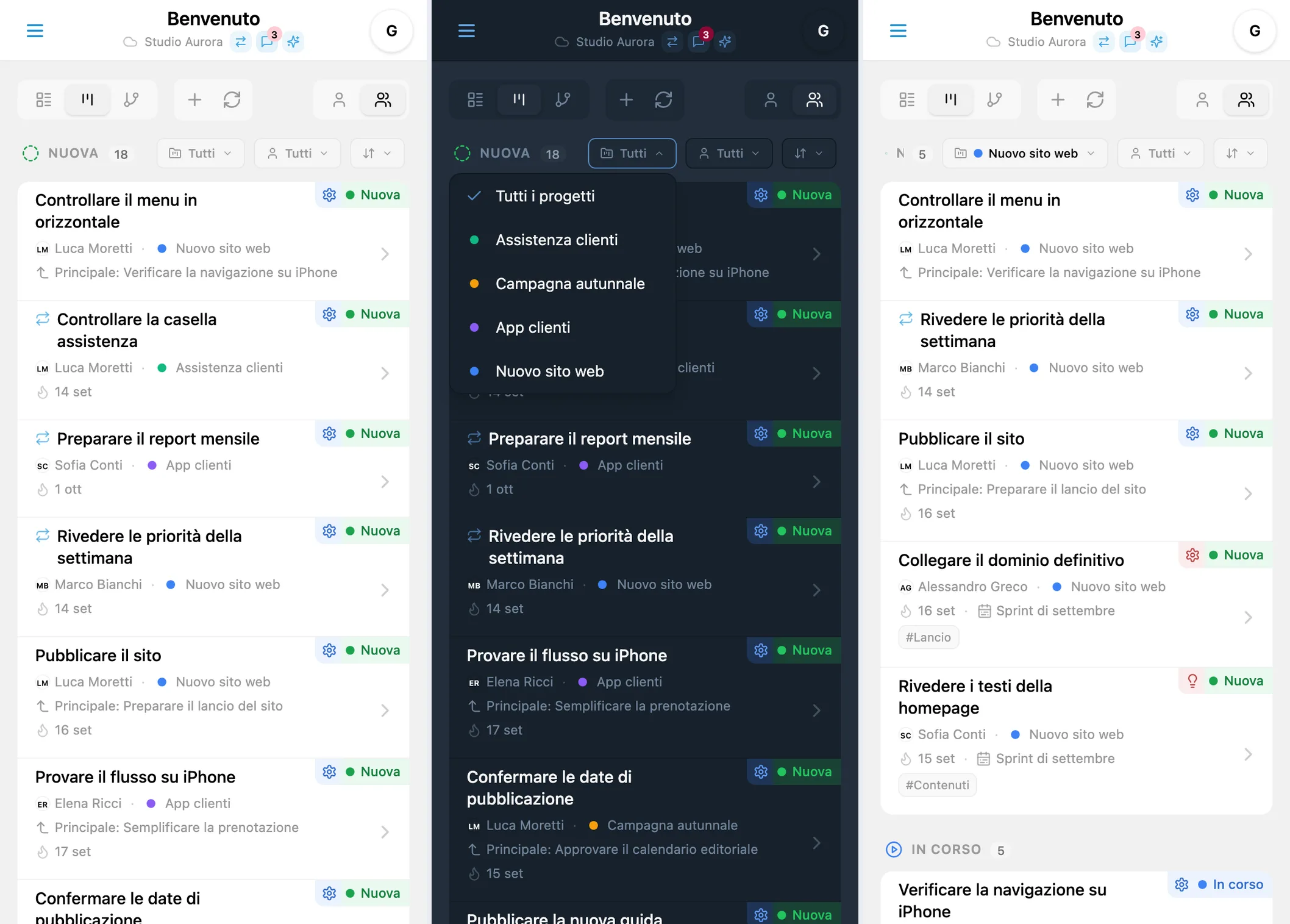 Filtro per progetto nella bacheca Kanban di iTasks: tutte le attività, selezione del progetto e risultato filtrato