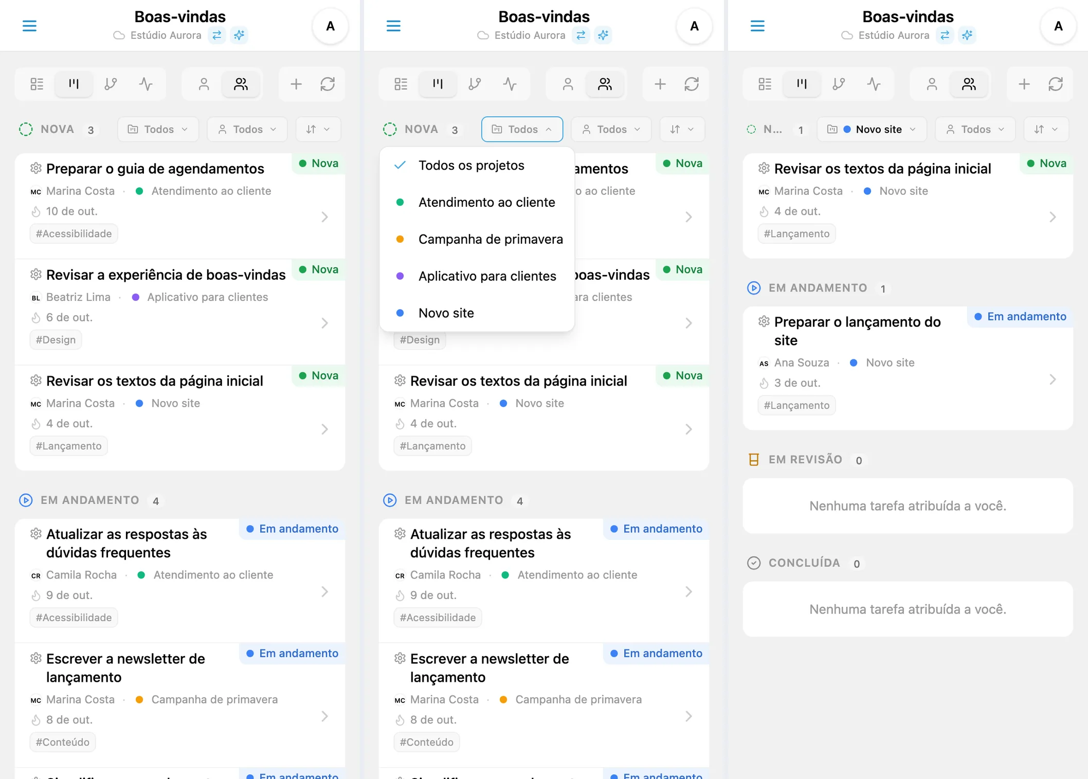 Filtro de projeto no Kanban: todas as tarefas, seleção do projeto e resultado filtrado