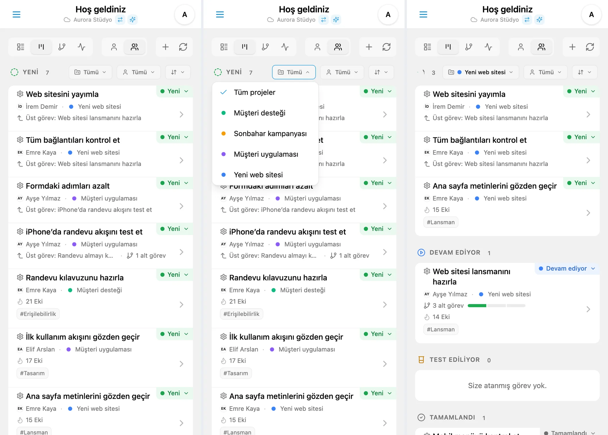 iTasks Kanban’da projeye göre filtreleme: tüm görevler, proje seçimi ve filtrelenmiş sonuç