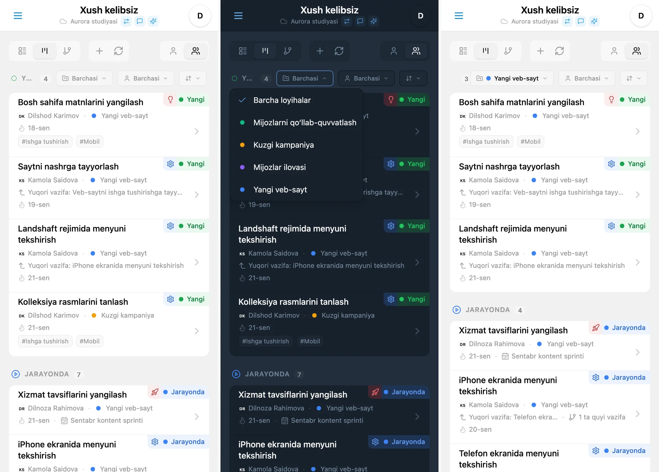 iTasks vazifalarini Kanban’da loyiha bo‘yicha filtrlash: barcha vazifalar, loyiha tanlovi va filtrlangan natija