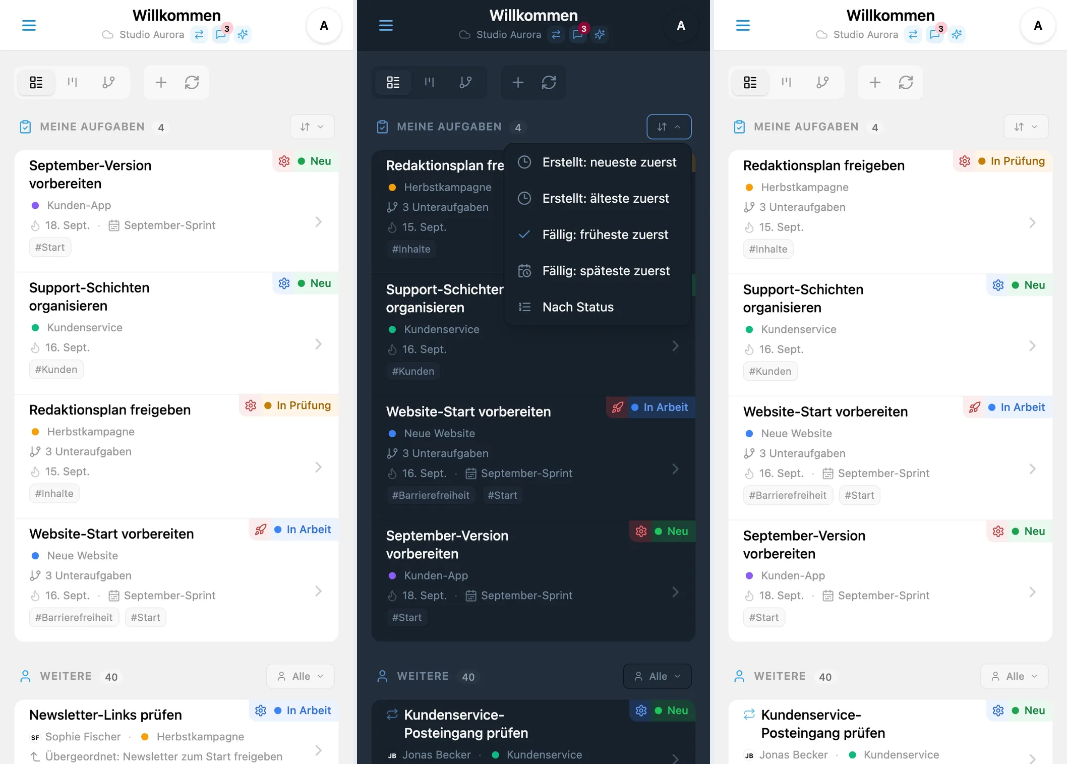 Aufgabensortierung in iTasks: Menü für Erstellungsdatum, Fälligkeit und Statusreihenfolge