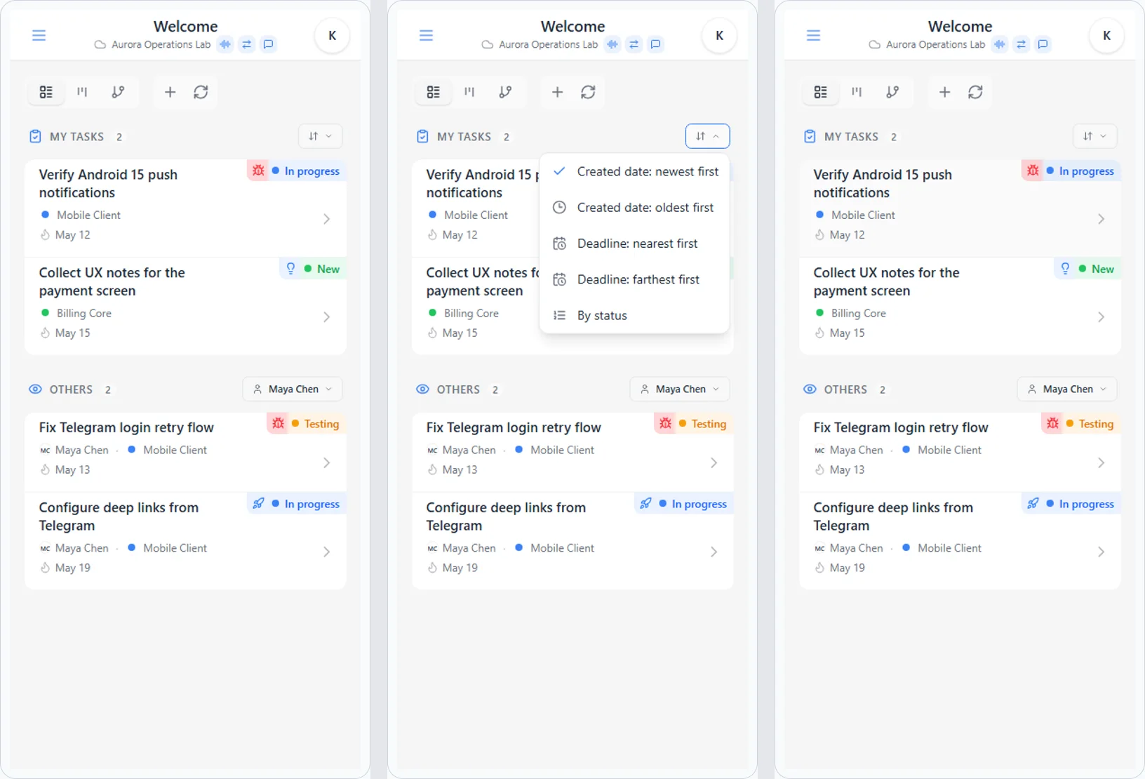 iTasks task sorting: sorting menu for creation date, deadline, and status order