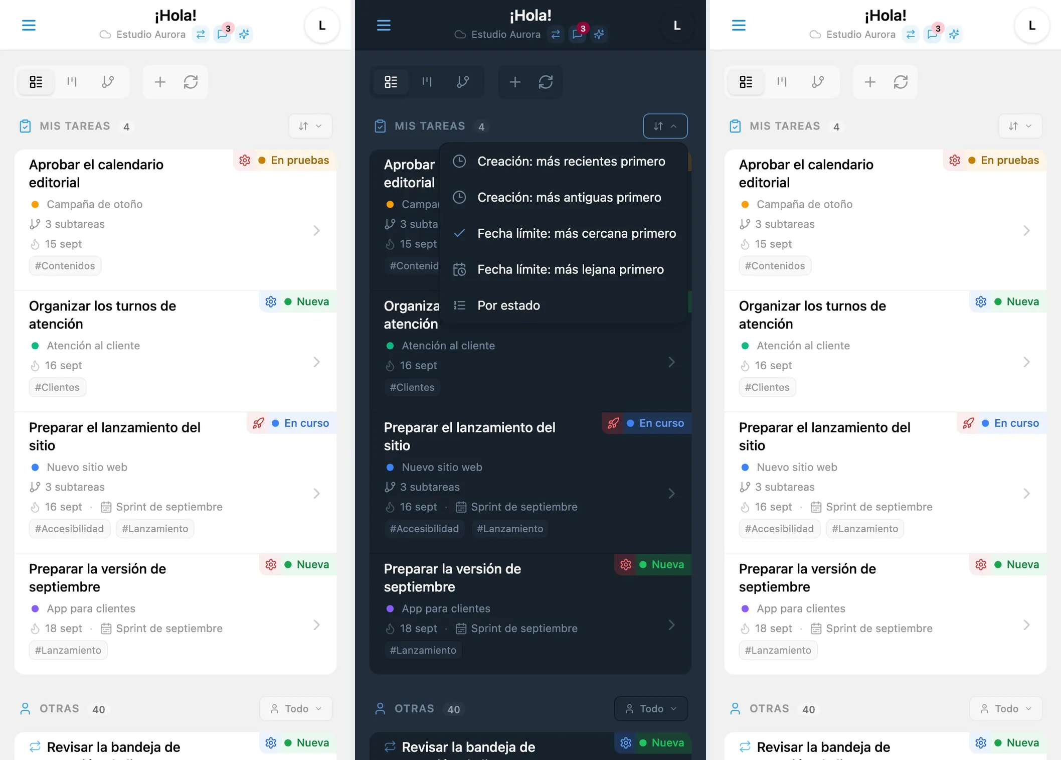 Ordenación de tareas en iTasks: menú por fecha de creación, fecha límite y estado