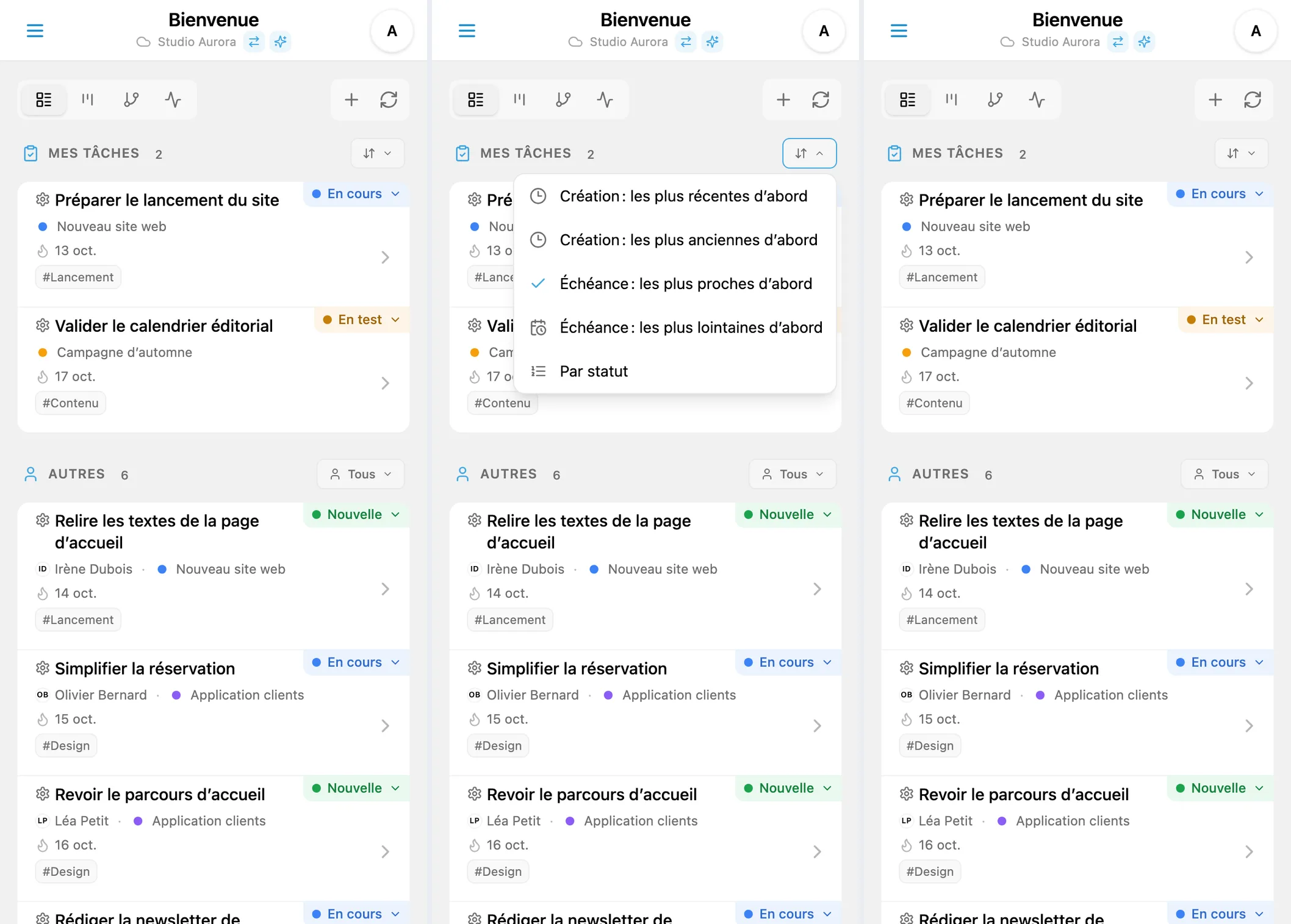 Menu de tri iTasks par création, échéance et statut