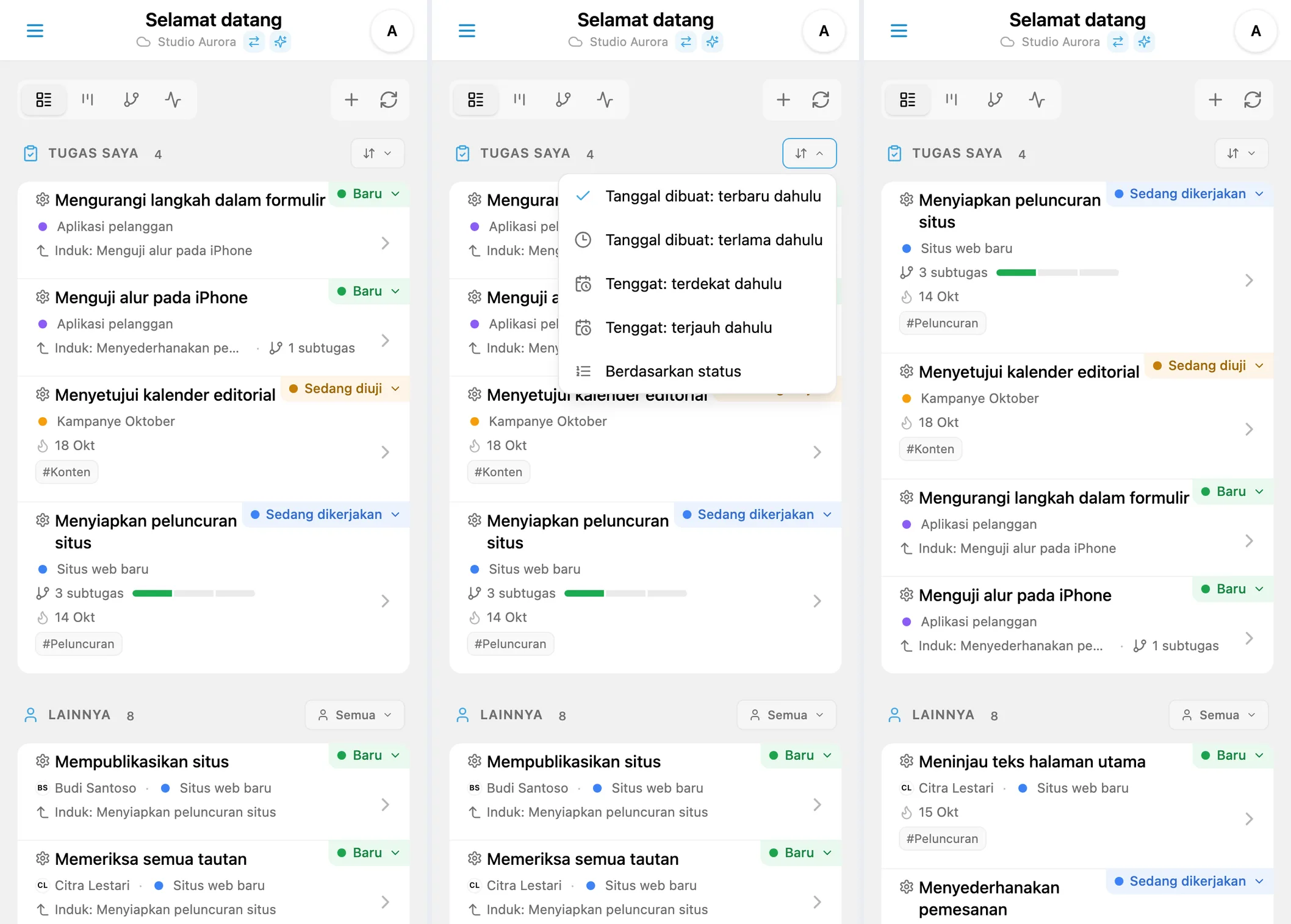 Menu pengurutan iTasks berdasarkan pembuatan, tenggat, dan status