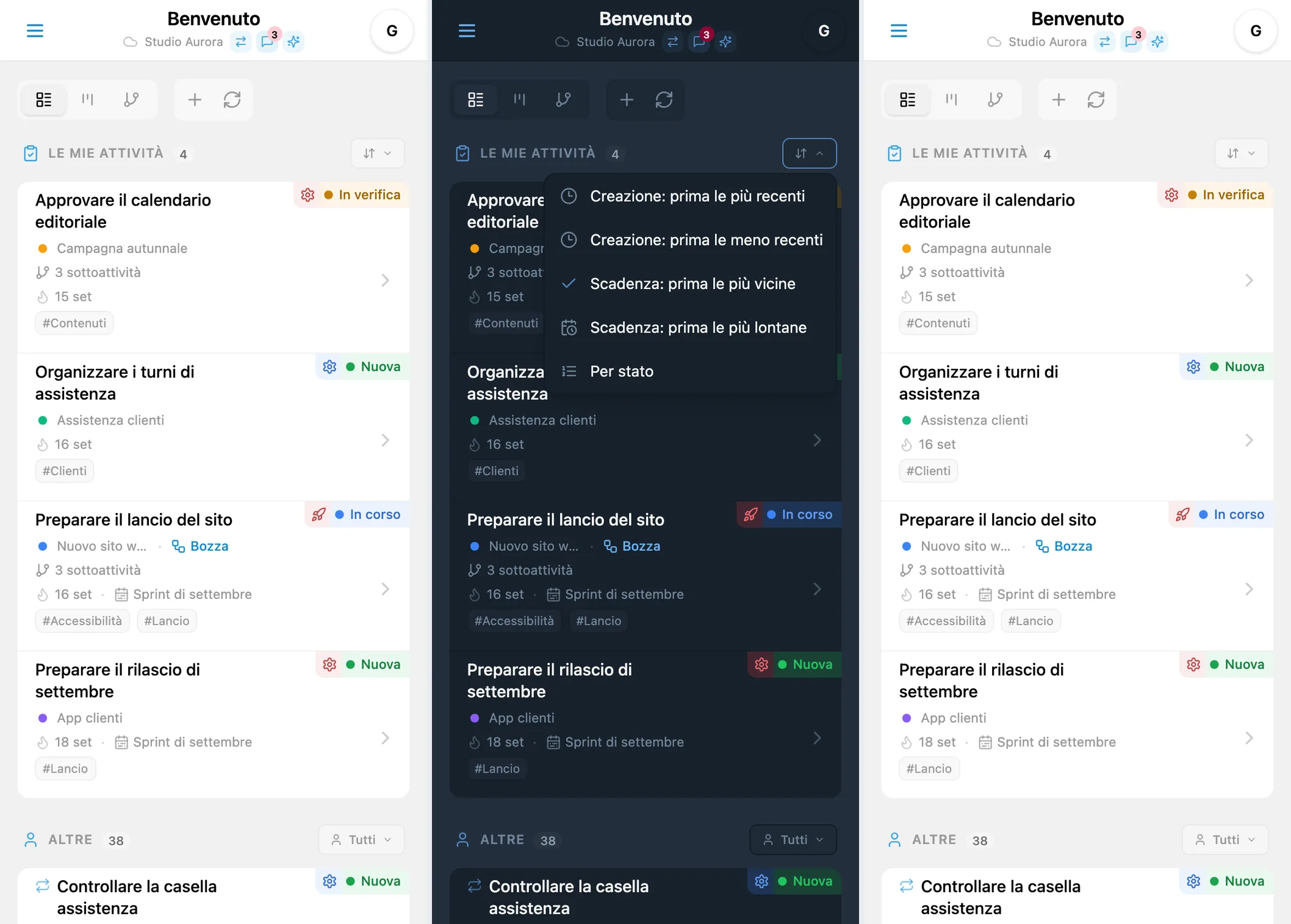 Ordinamento delle attività in iTasks: menu per data di creazione, scadenza e stato