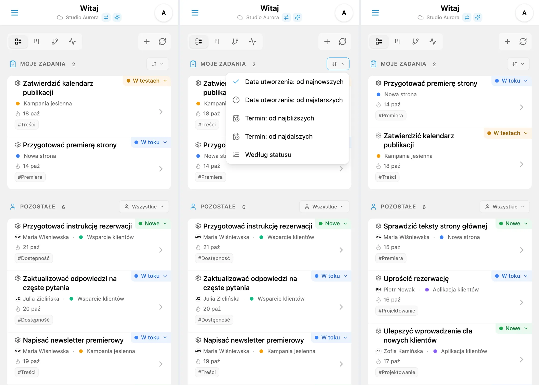 Menu sortowania iTasks według utworzenia, terminu i statusu