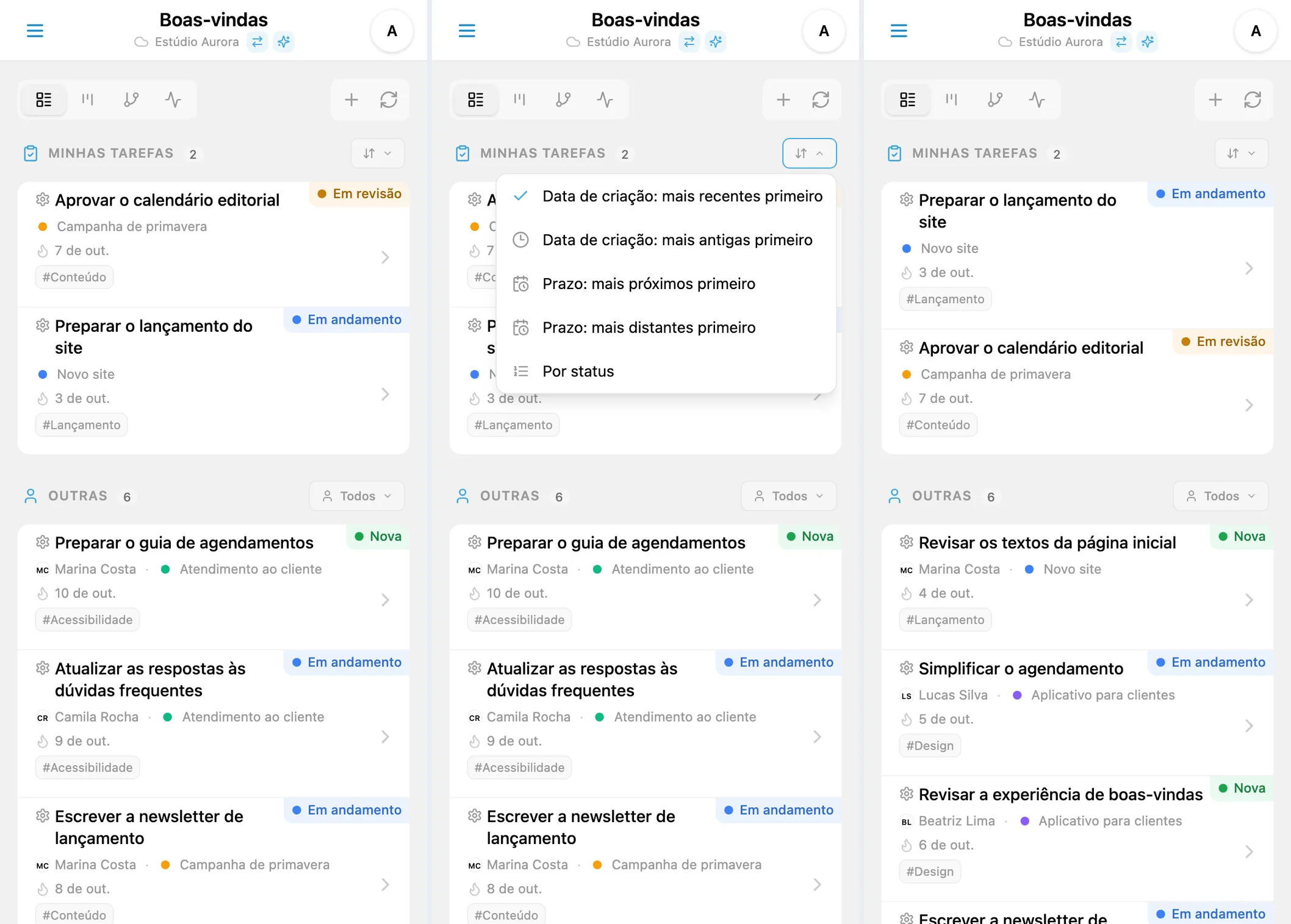Ordenação de tarefas do iTasks por data de criação, prazo e status