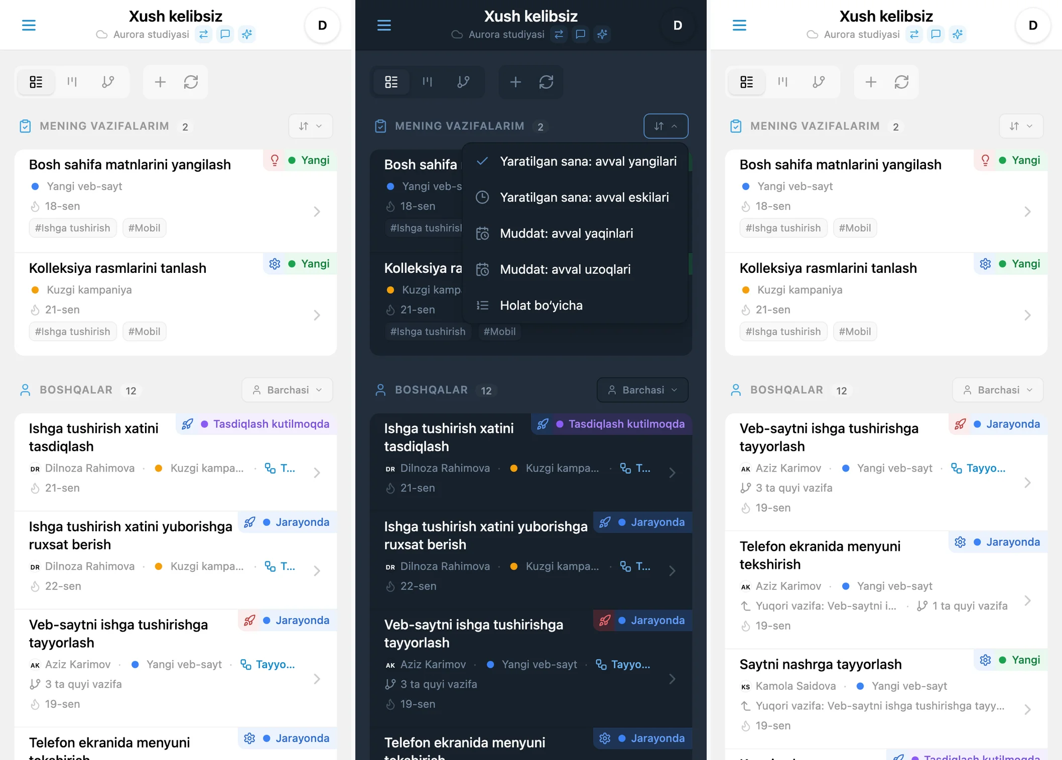 iTasks vazifalarini saralash: yaratilgan sana, muddat va holat tartibi menyusi