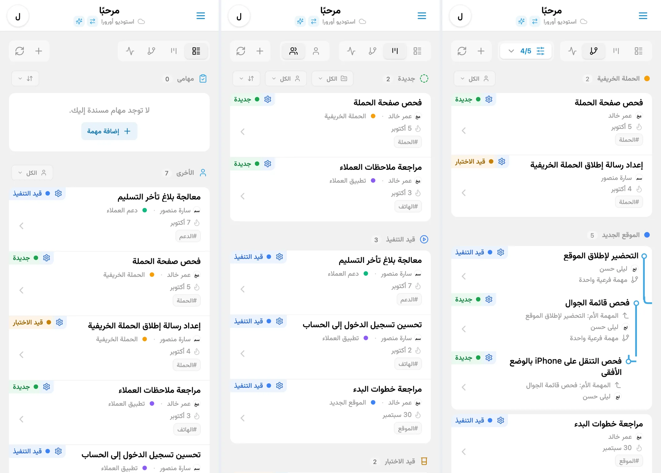 أوضاع عرض المهام في iTasks: قائمة المهام وكانبان الحالات وشجرة المشاريع بالمهام المتداخلة