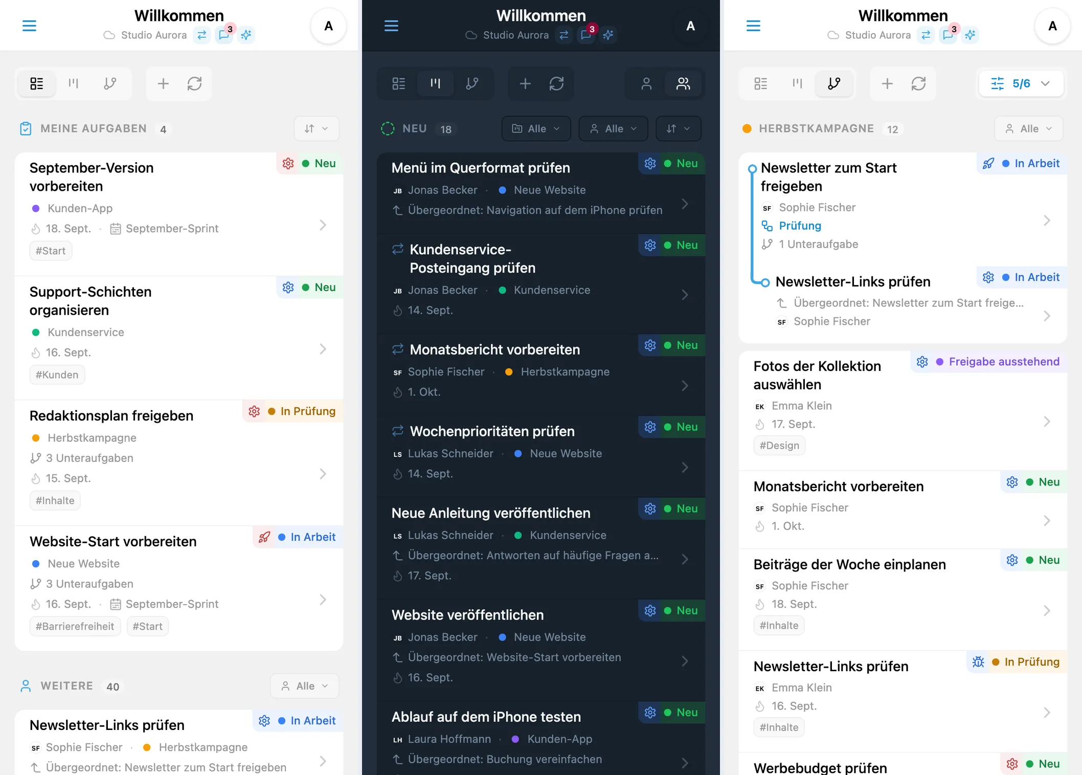 Aufgabenansichten in iTasks: Liste, Status-Kanban und Projektbaum mit Unteraufgaben