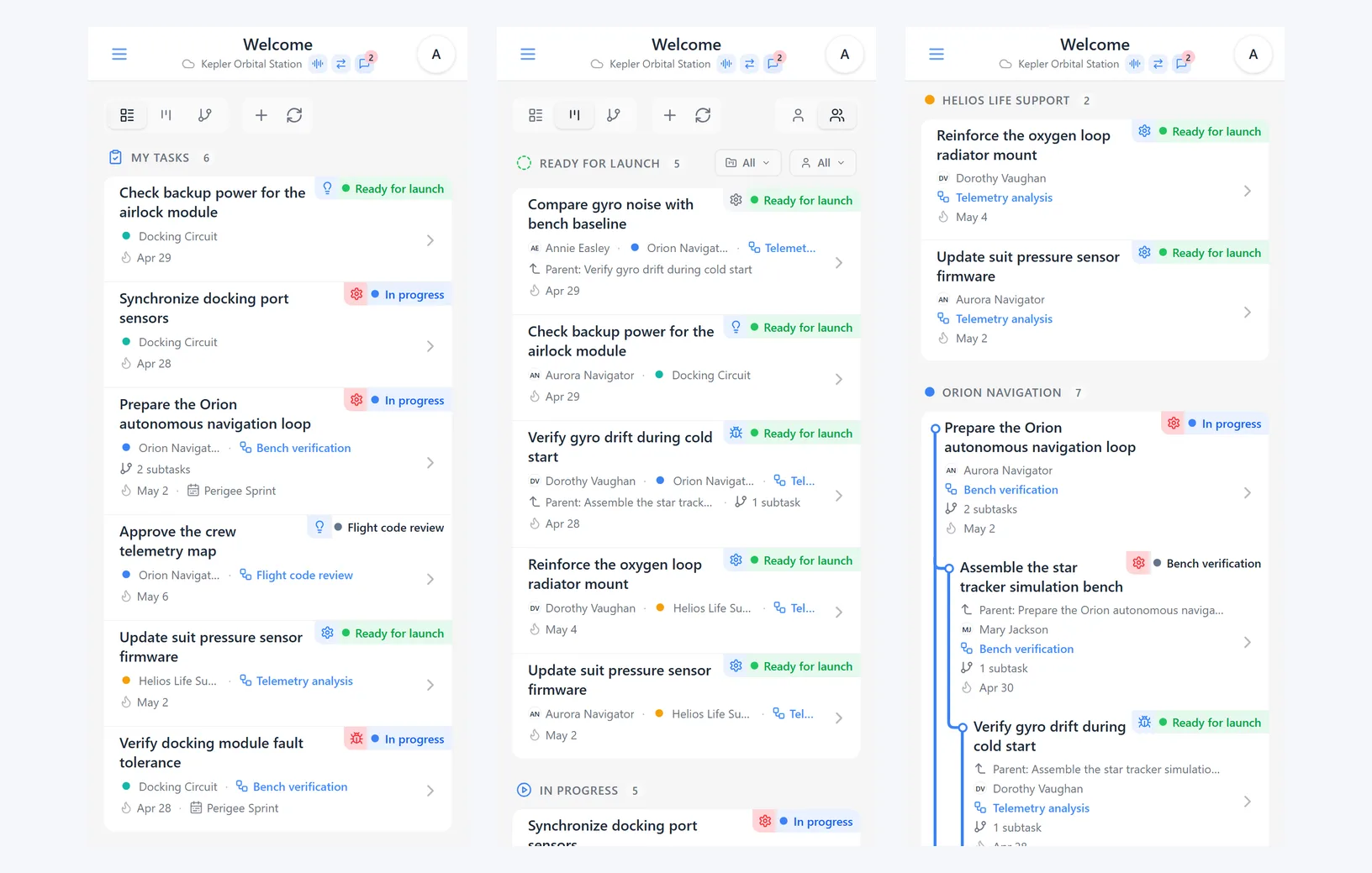 iTasks task view modes: task list, status Kanban, and project tree with nested tasks